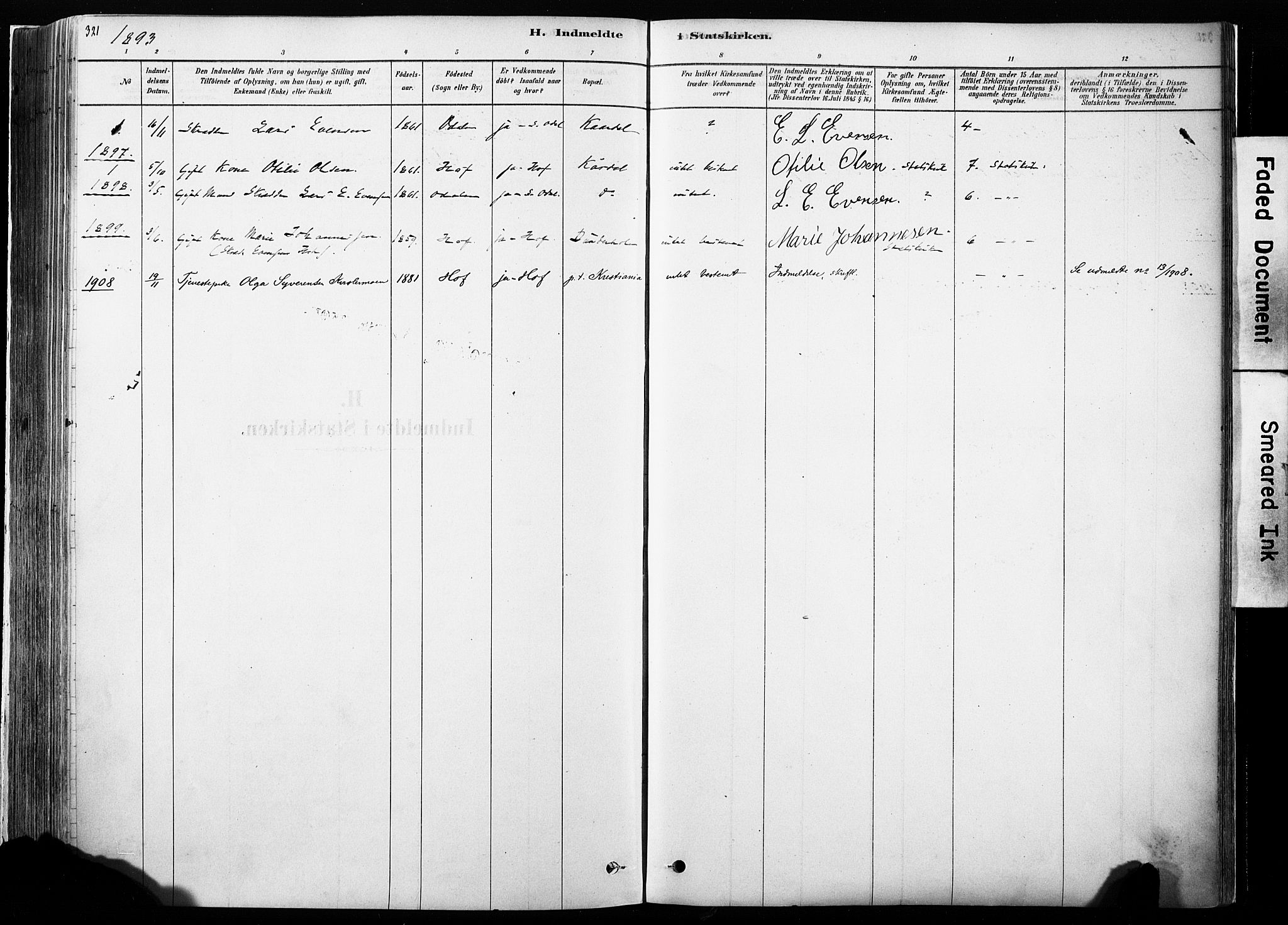 Hof prestekontor, SAH/PREST-038/H/Ha/Haa/L0010: Parish register (official) no. 10, 1878-1909, p. 321