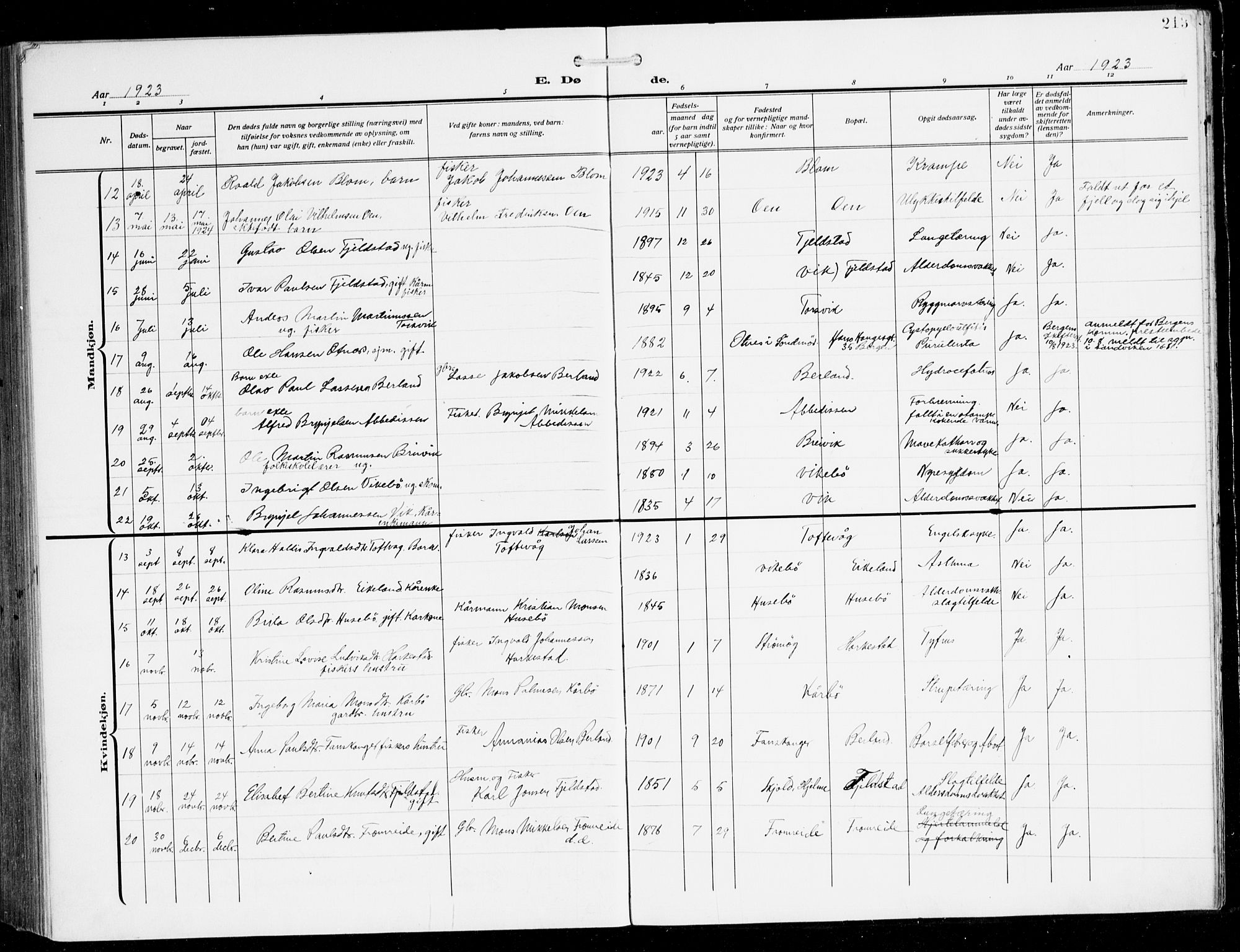 Herdla Sokneprestembete, SAB/A-75701/H/Hab: Parish register (copy) no. C 2, 1913-1926, p. 213