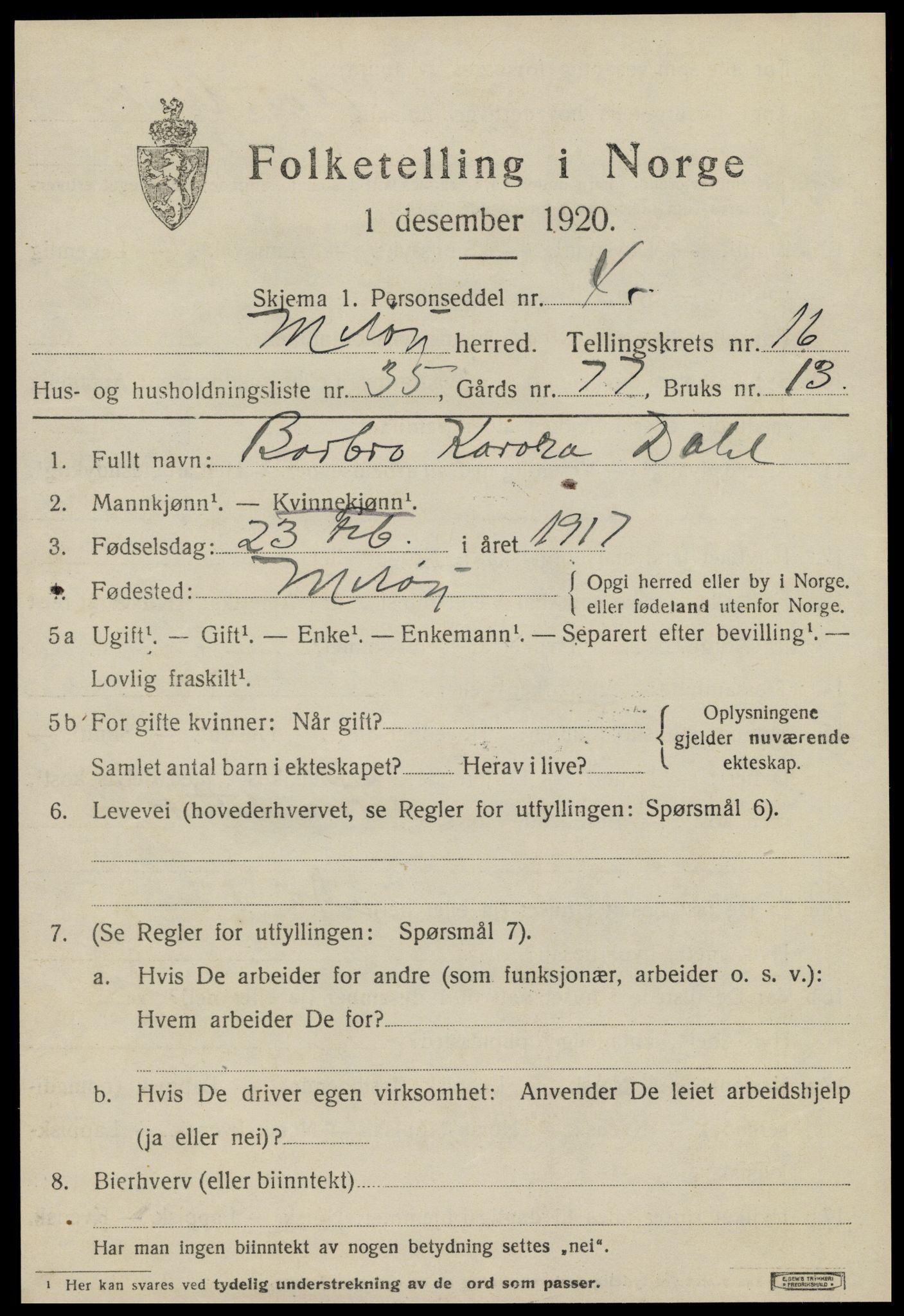 SAT, 1920 census for Meløy, 1920, p. 10643