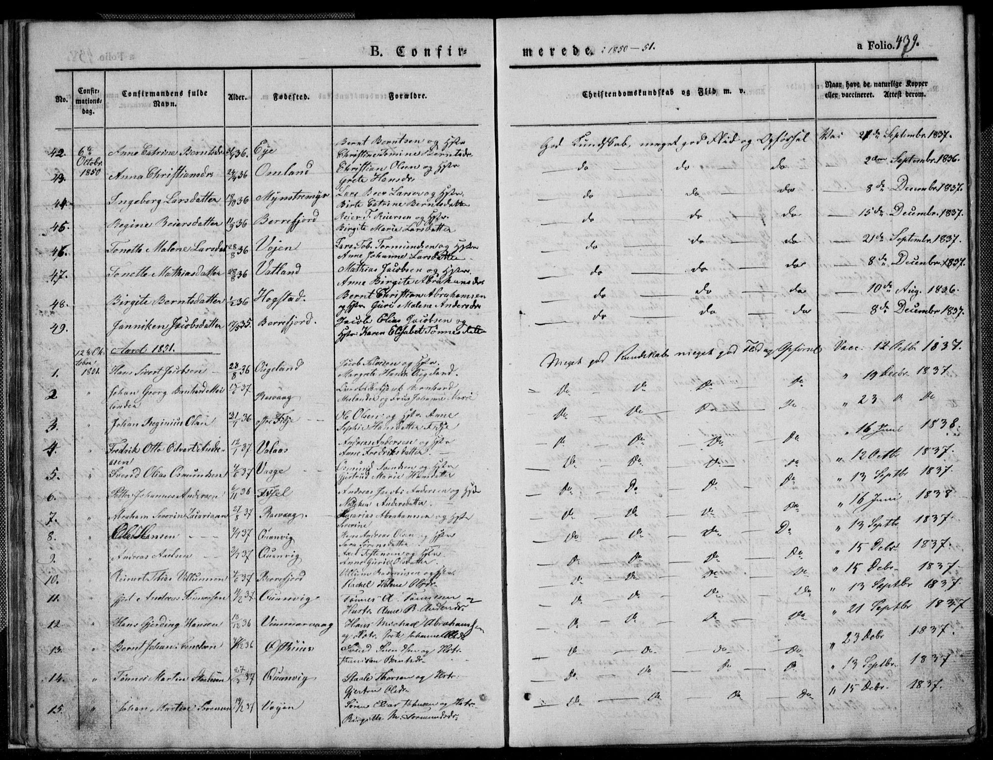 Flekkefjord sokneprestkontor, SAK/1111-0012/F/Fb/Fbb/L0002: Parish register (copy) no. B 2b, 1831-1866, p. 439
