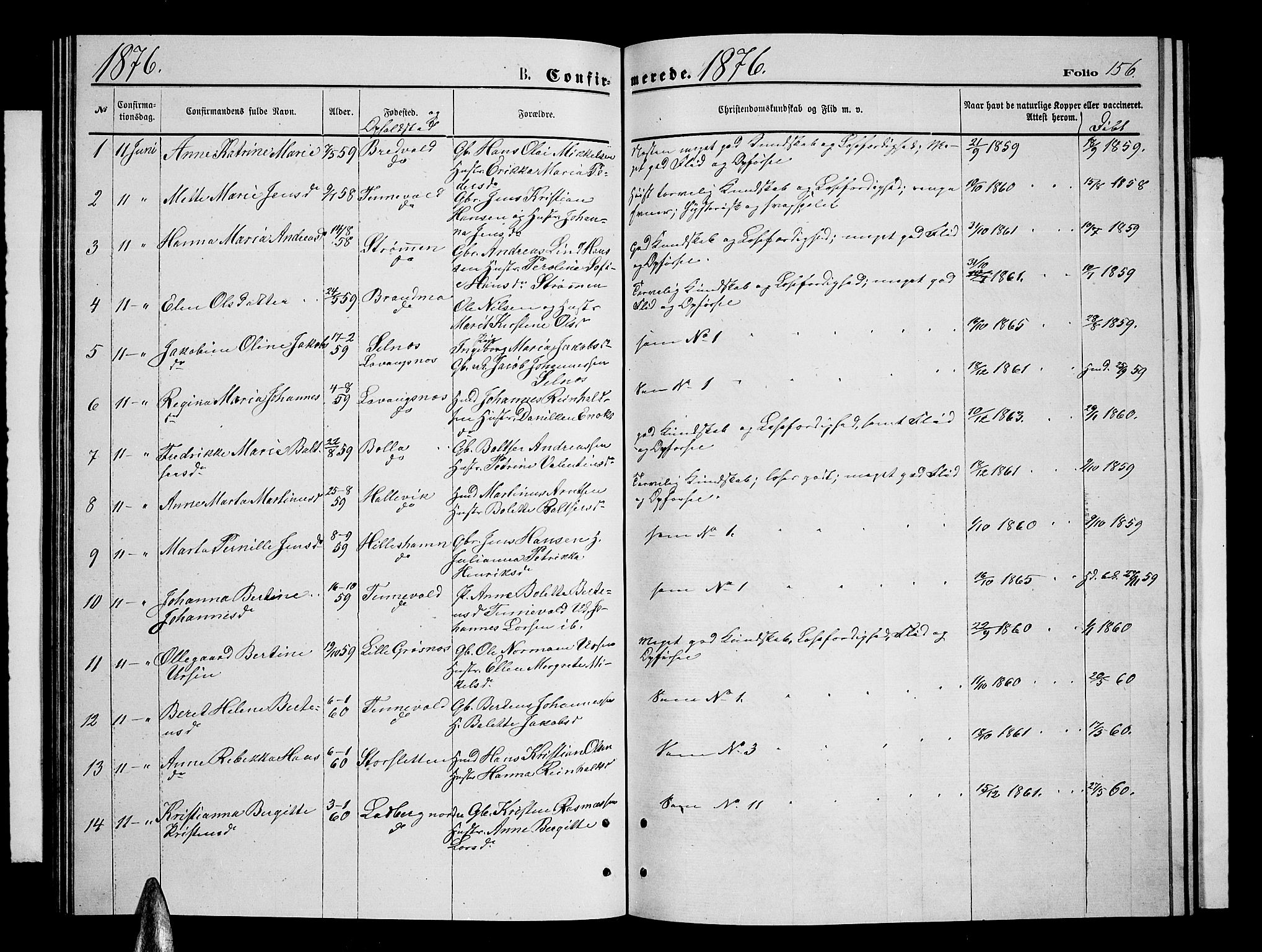 Ibestad sokneprestembete, SATØ/S-0077/H/Ha/Hab/L0006klokker: Parish register (copy) no. 6, 1871-1879, p. 156