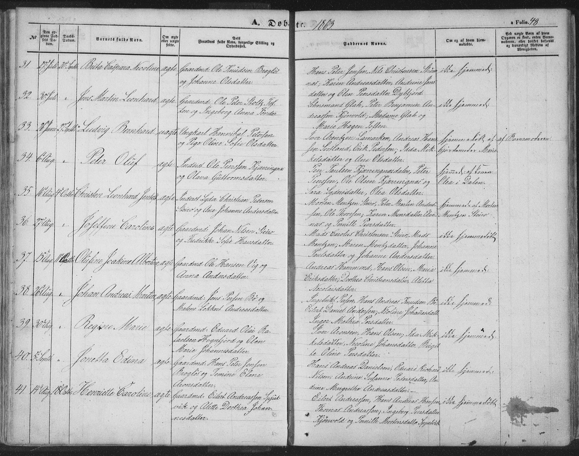 Ministerialprotokoller, klokkerbøker og fødselsregistre - Nordland, SAT/A-1459/895/L1369: Parish register (official) no. 895A04, 1852-1872, p. 48