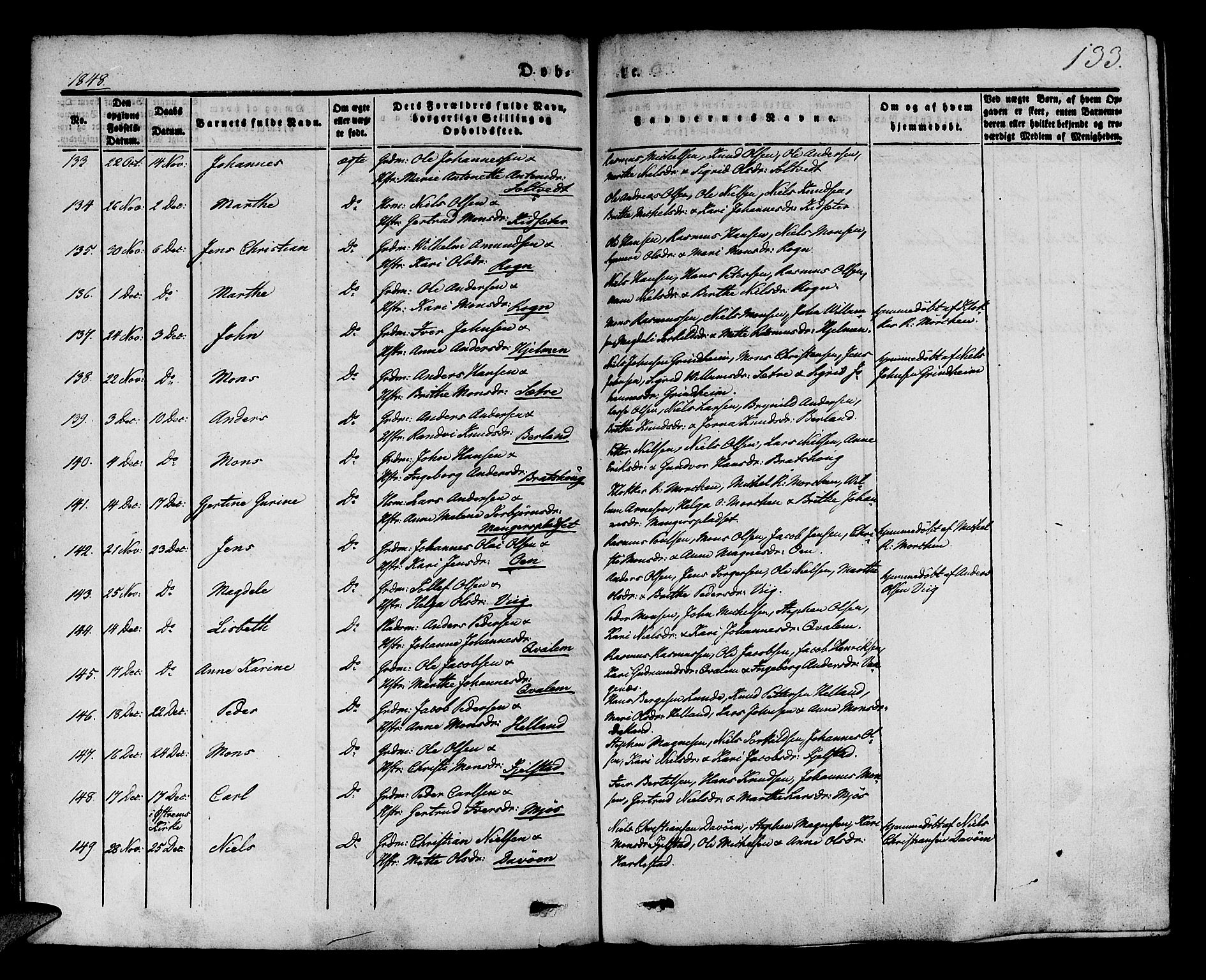 Manger sokneprestembete, AV/SAB-A-76801/H/Haa: Parish register (official) no. A 5, 1839-1848, p. 133