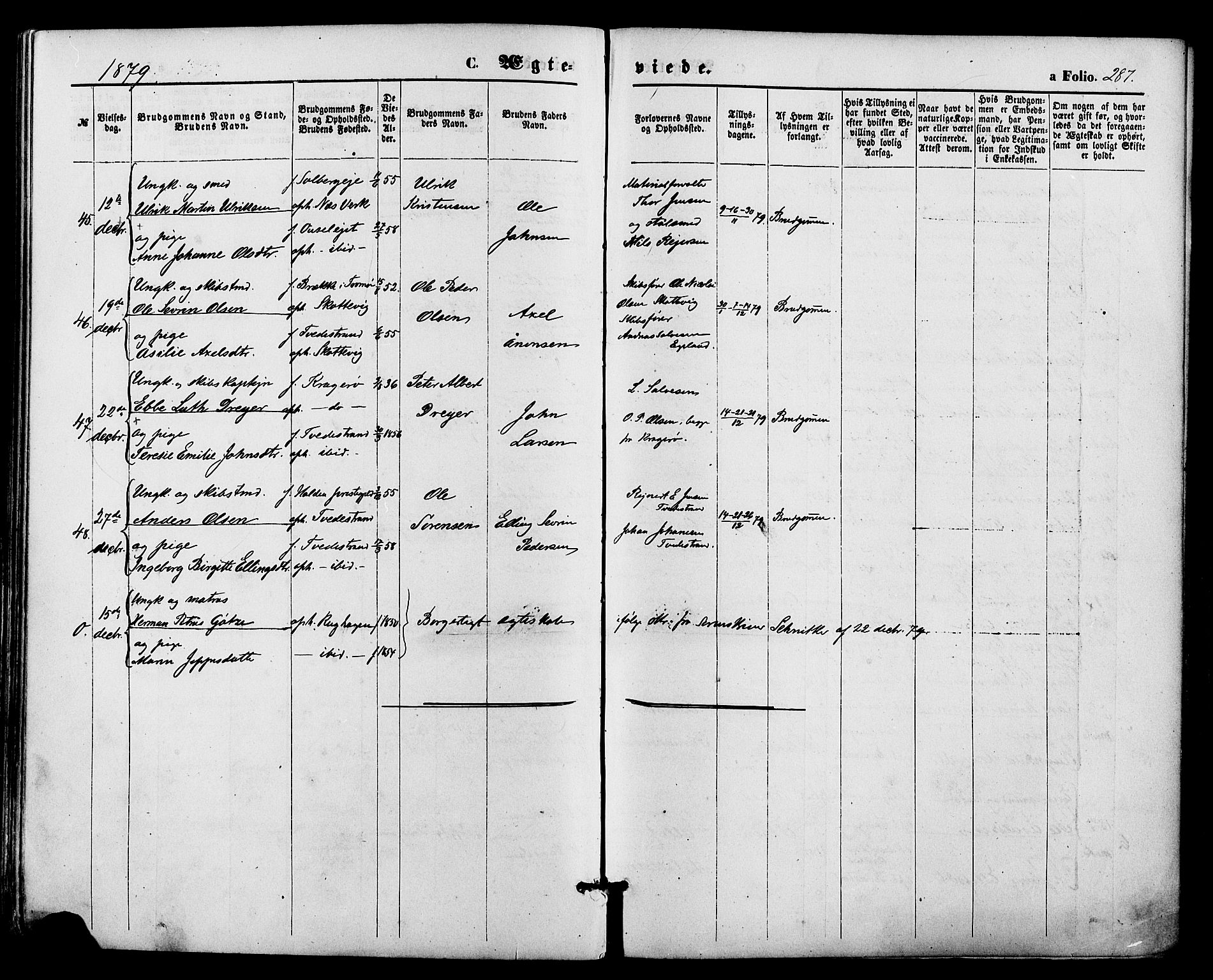 Holt sokneprestkontor, AV/SAK-1111-0021/F/Fa/L0010: Parish register (official) no. A 10, 1872-1885, p. 287