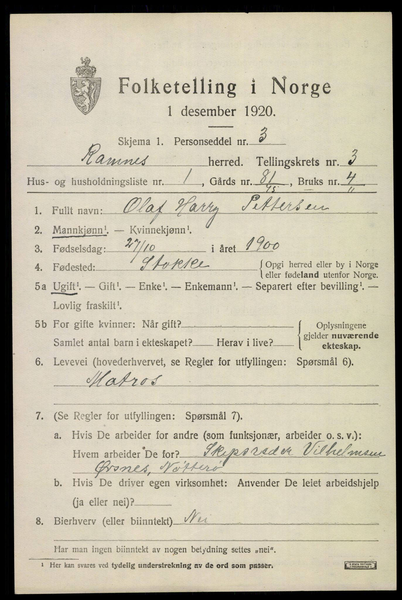 SAKO, 1920 census for Ramnes, 1920, p. 3244