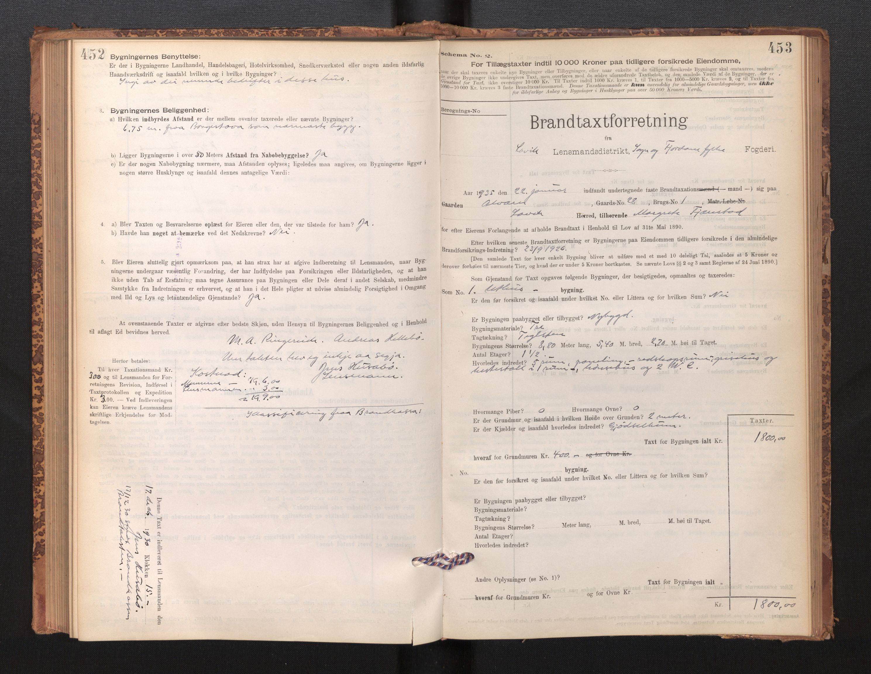 Lensmannen i Lavik, SAB/A-29101/0012/L0002: Branntakstprotokoll, skjematakst, 1895-1933, p. 452-453