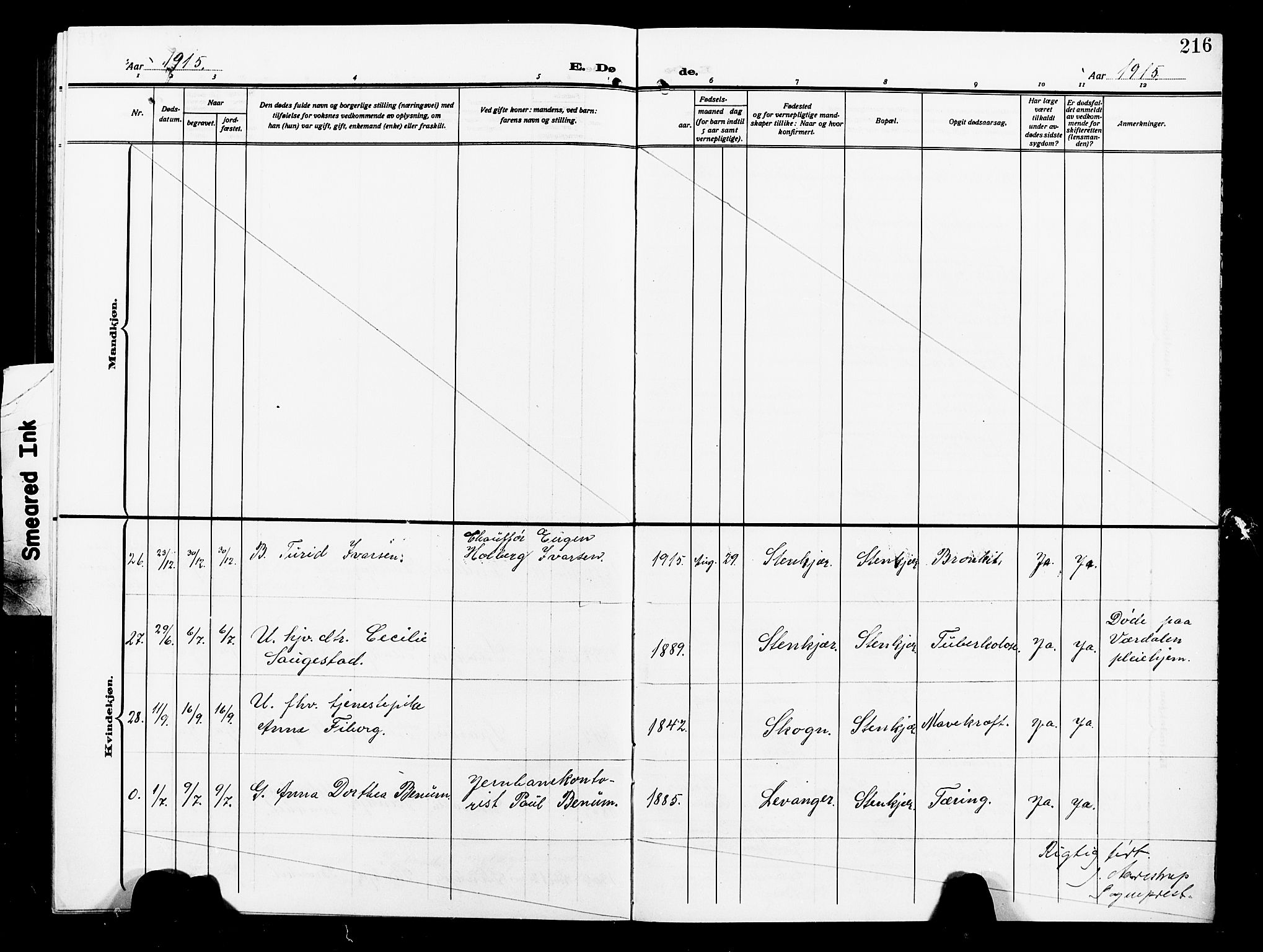 Ministerialprotokoller, klokkerbøker og fødselsregistre - Nord-Trøndelag, SAT/A-1458/739/L0376: Parish register (copy) no. 739C04, 1908-1917, p. 216