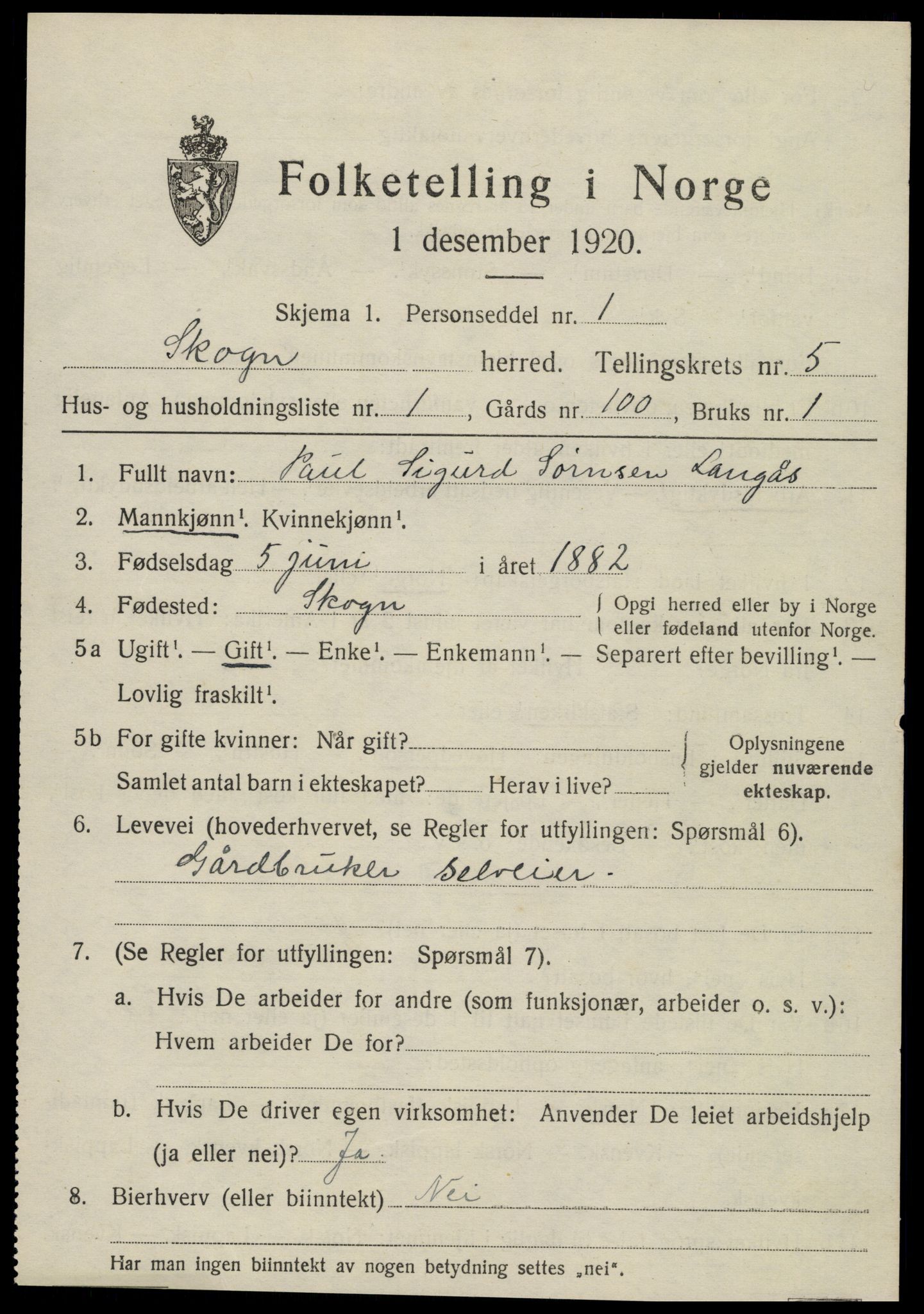 SAT, 1920 census for Skogn, 1920, p. 6485