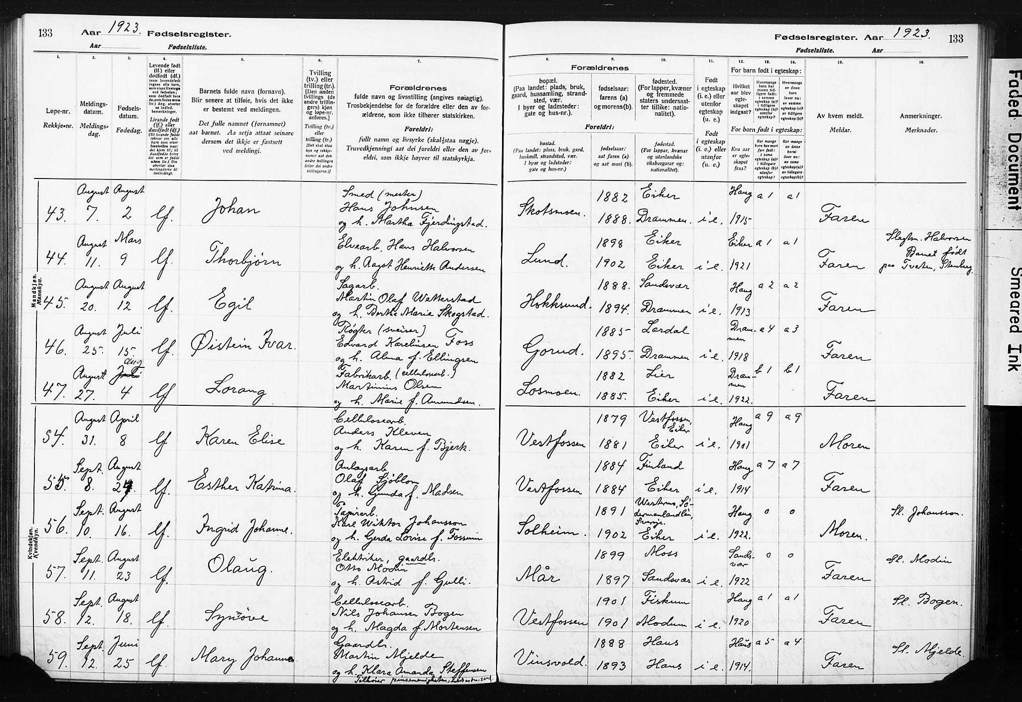 Eiker kirkebøker, AV/SAKO-A-4/J/Ja/L0001: Birth register no. I 1, 1916-1927, p. 133