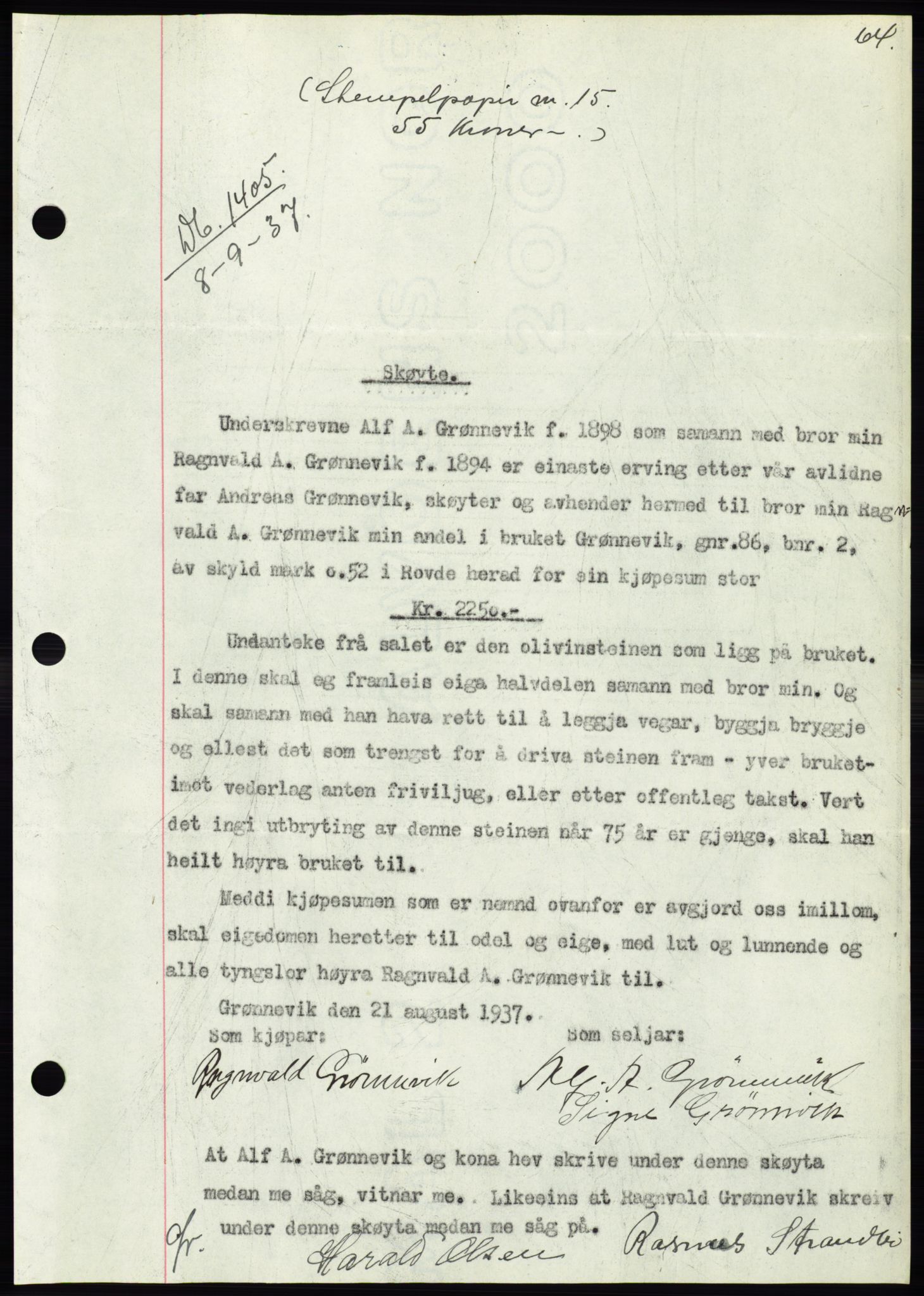 Søre Sunnmøre sorenskriveri, AV/SAT-A-4122/1/2/2C/L0064: Mortgage book no. 58, 1937-1938, Diary no: : 1405/1937