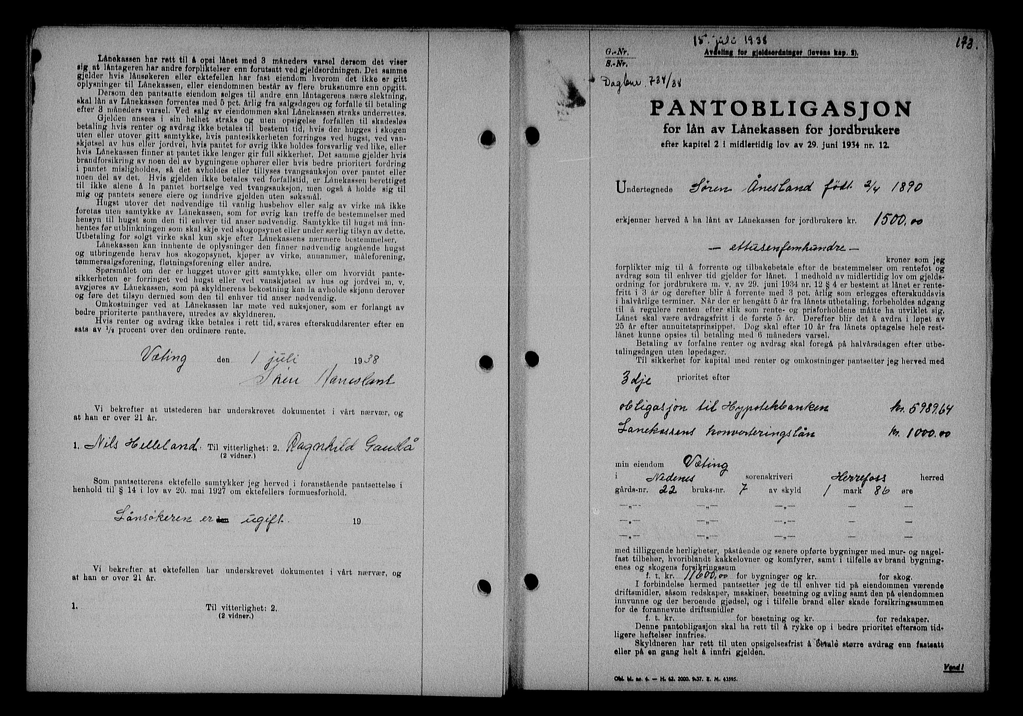 Nedenes sorenskriveri, AV/SAK-1221-0006/G/Gb/Gba/L0045: Mortgage book no. 41, 1938-1938, Diary no: : 734/1938