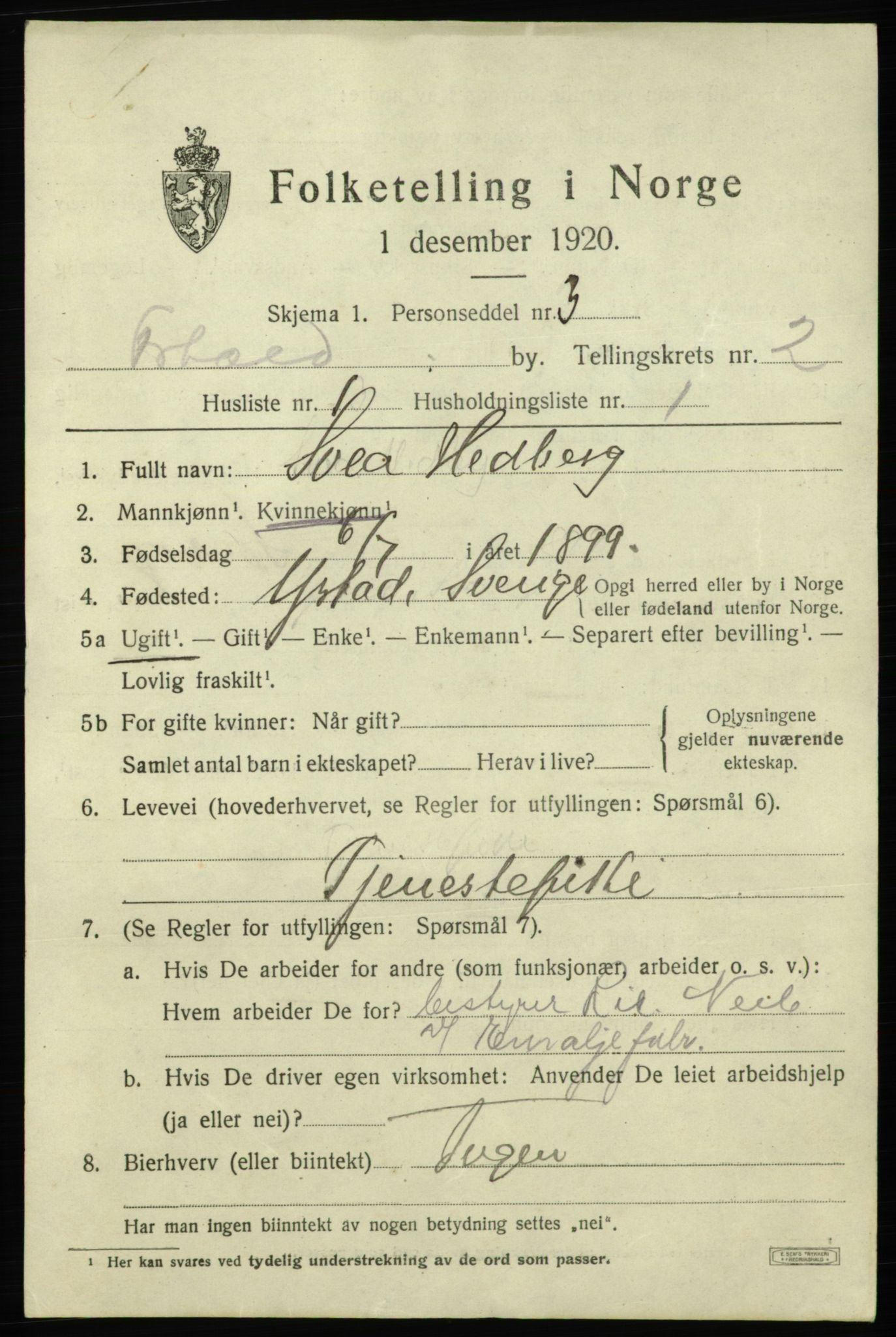 SAO, 1920 census for Fredrikshald, 1920, p. 9254