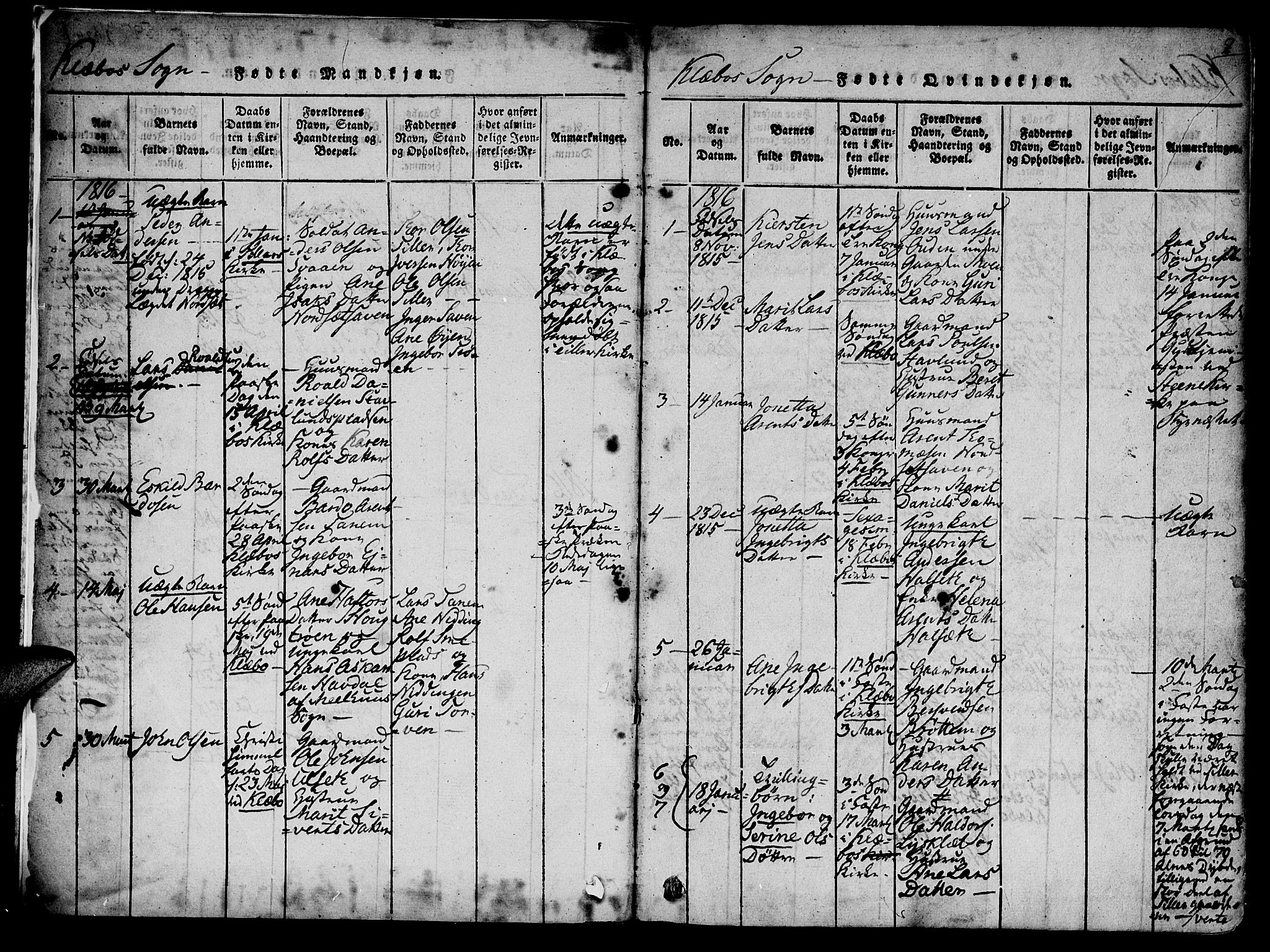 Ministerialprotokoller, klokkerbøker og fødselsregistre - Sør-Trøndelag, AV/SAT-A-1456/618/L0439: Parish register (official) no. 618A04 /1, 1816-1843, p. 2