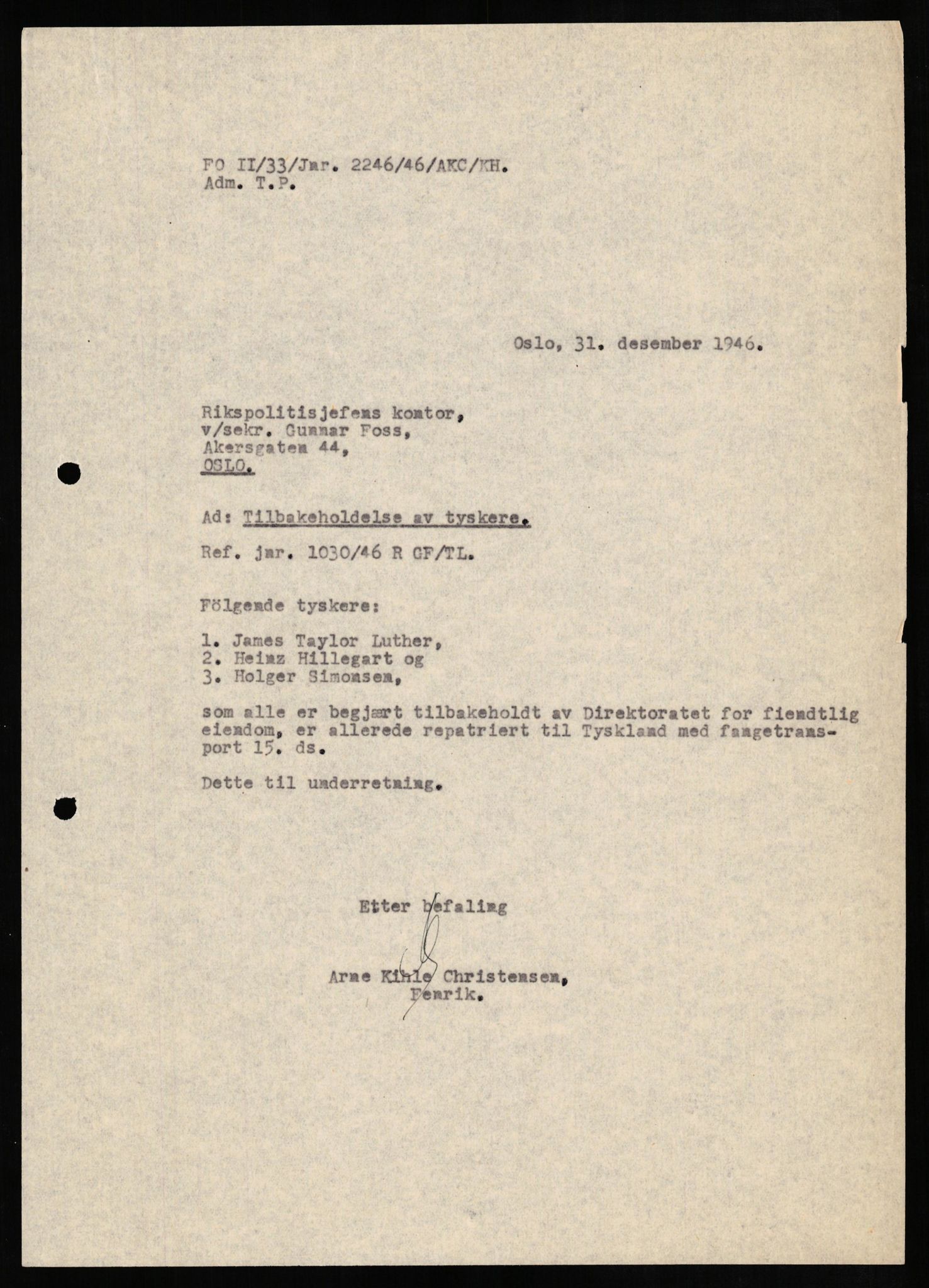 Forsvaret, Forsvarets overkommando II, AV/RA-RAFA-3915/D/Db/L0013: CI Questionaires. Tyske okkupasjonsstyrker i Norge. Tyskere., 1945-1946, p. 235