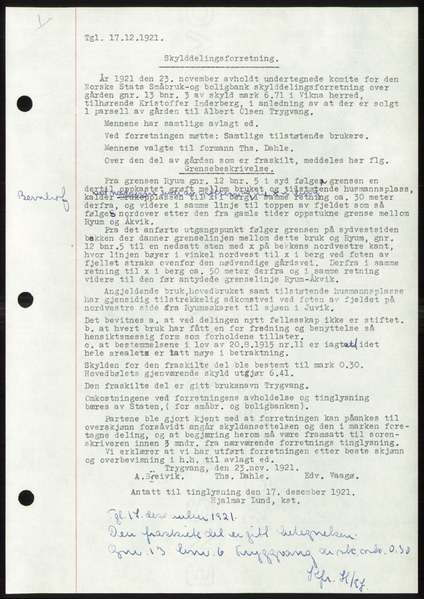 Namdal sorenskriveri, SAT/A-4133/1/2/2C: Mortgage book no. -, 1916-1921, Deed date: 17.12.1921