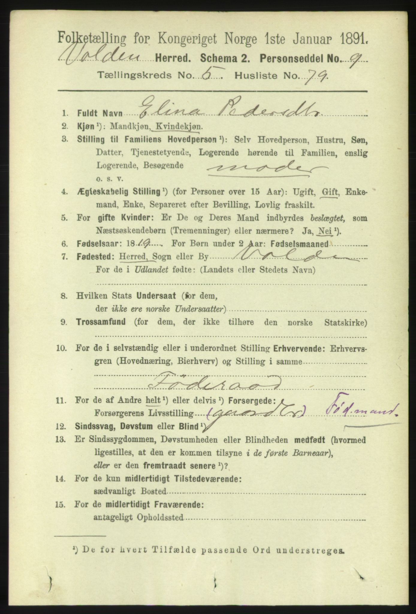 RA, 1891 census for 1519 Volda, 1891, p. 2784