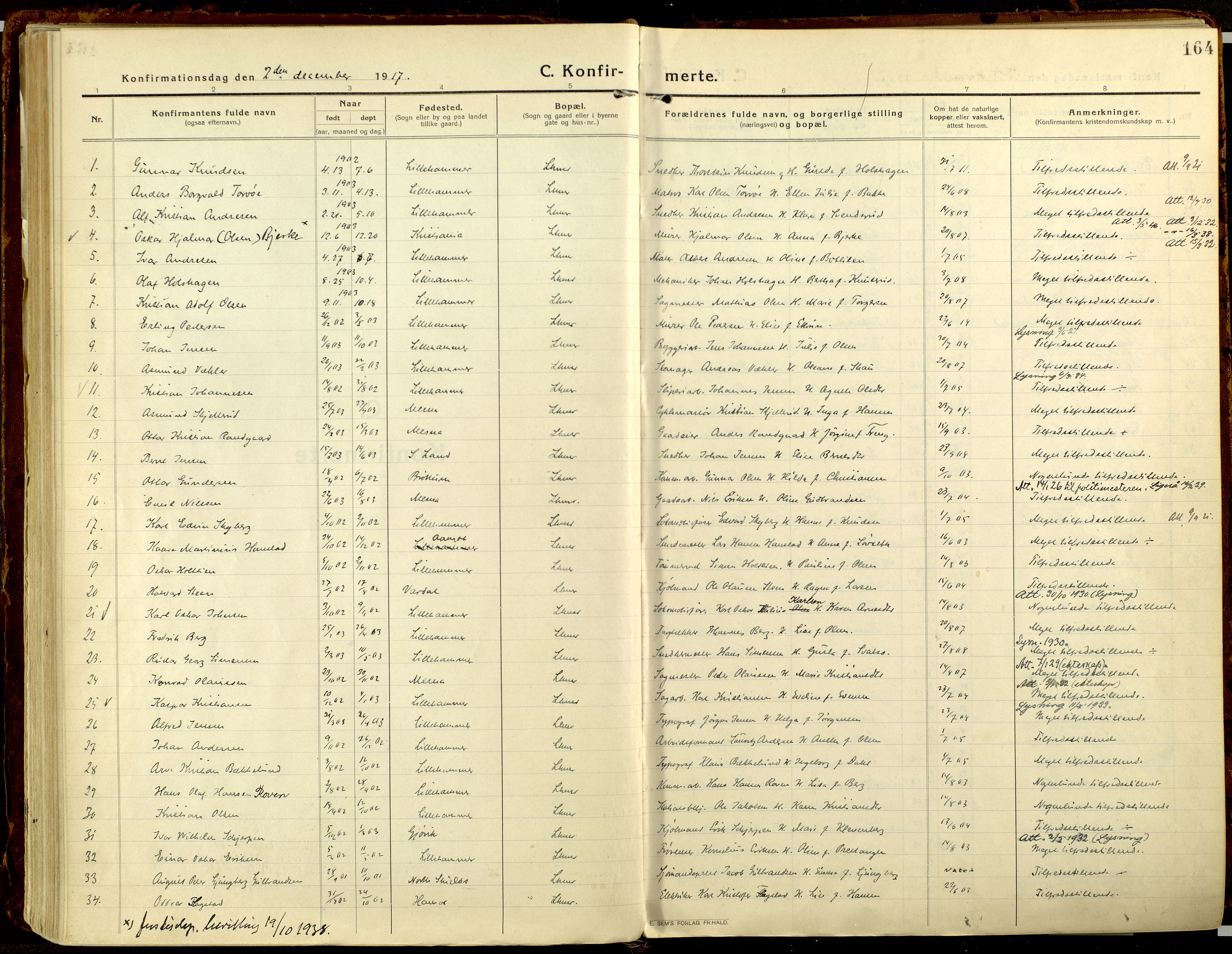 Lillehammer prestekontor, AV/SAH-PREST-088/H/Ha/Haa/L0002: Parish register (official) no. 2, 1917-1932, p. 164