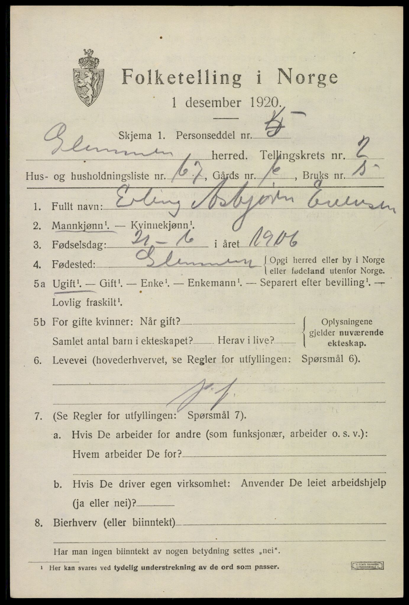 SAO, 1920 census for Glemmen, 1920, p. 5139