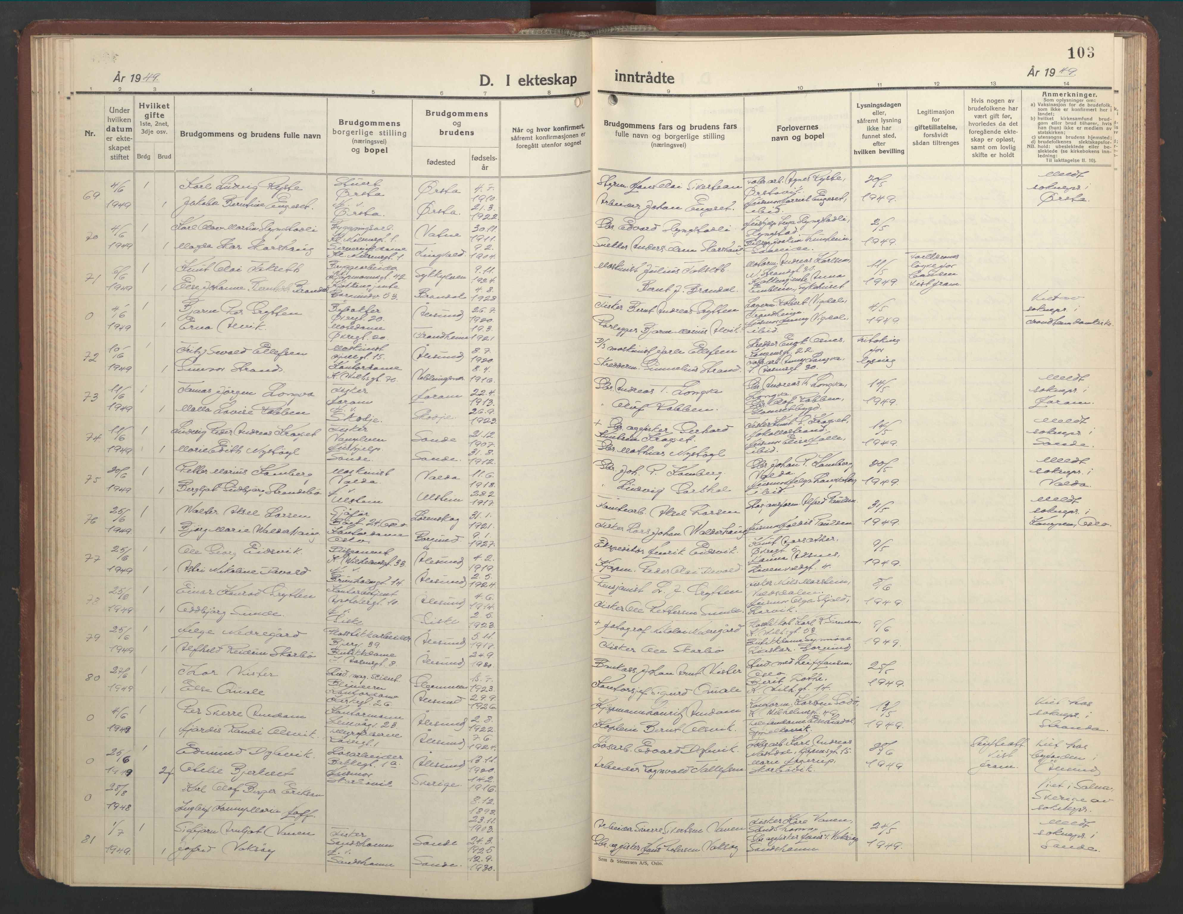 Ministerialprotokoller, klokkerbøker og fødselsregistre - Møre og Romsdal, AV/SAT-A-1454/529/L0479: Parish register (copy) no. 529C16, 1941-1950, p. 103