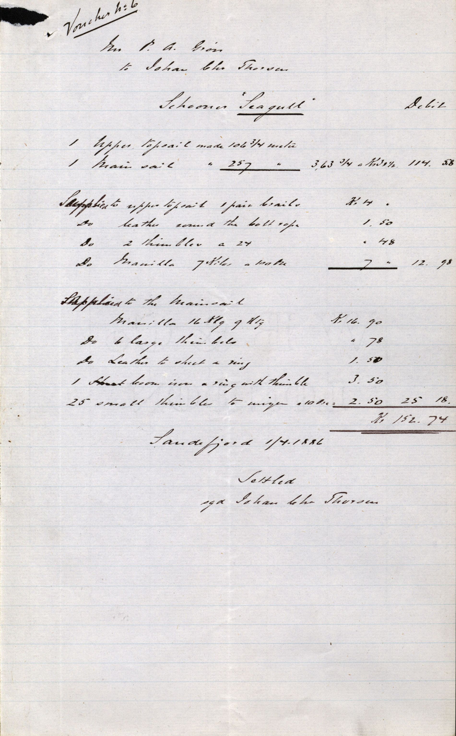 Pa 63 - Østlandske skibsassuranceforening, VEMU/A-1079/G/Ga/L0019/0002: Havaridokumenter / Seagull, Victoria, Freya, Ørnen, Frednæs, Frank, 1886, p. 74