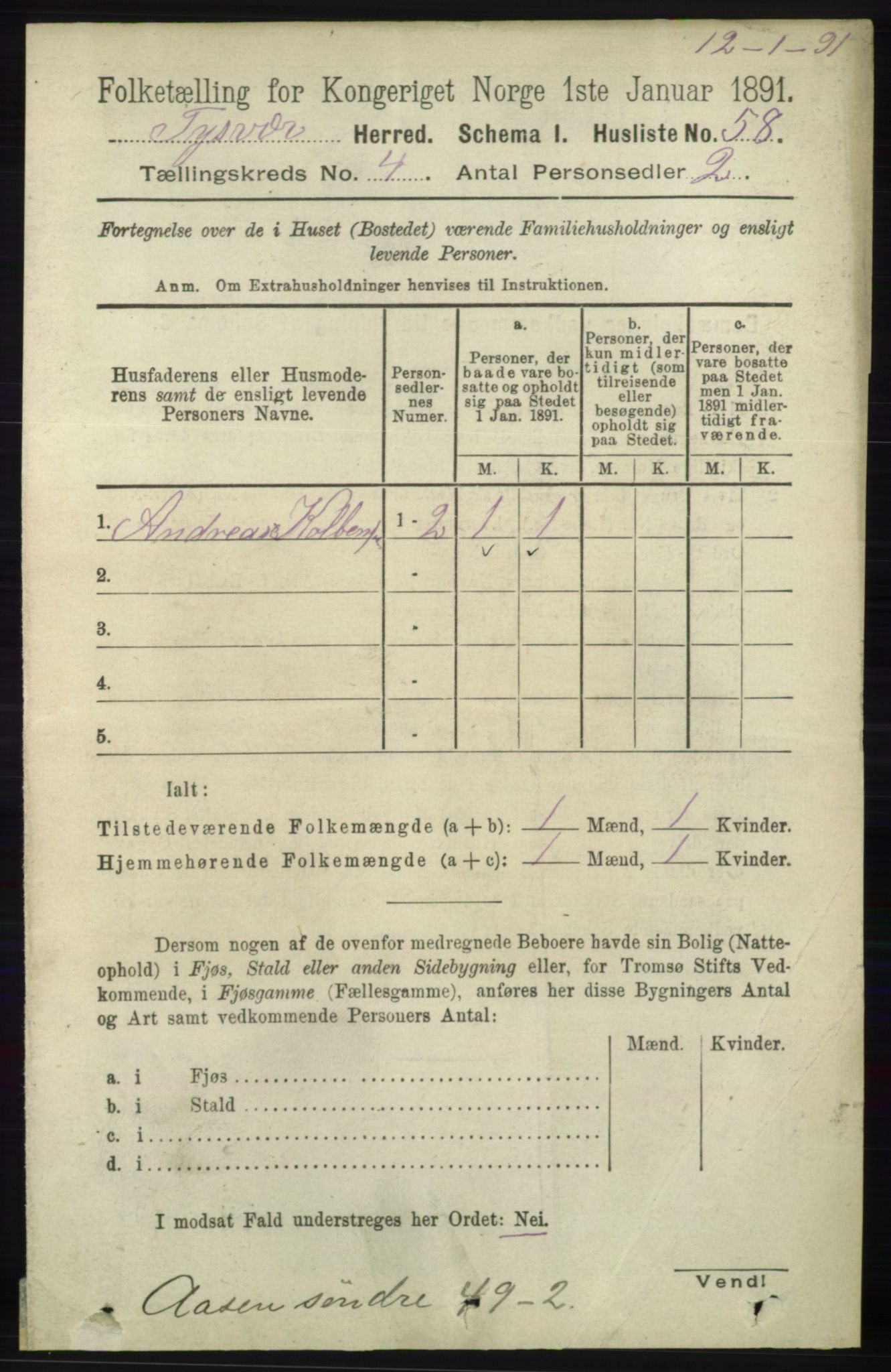 RA, 1891 census for 1146 Tysvær, 1891, p. 1508