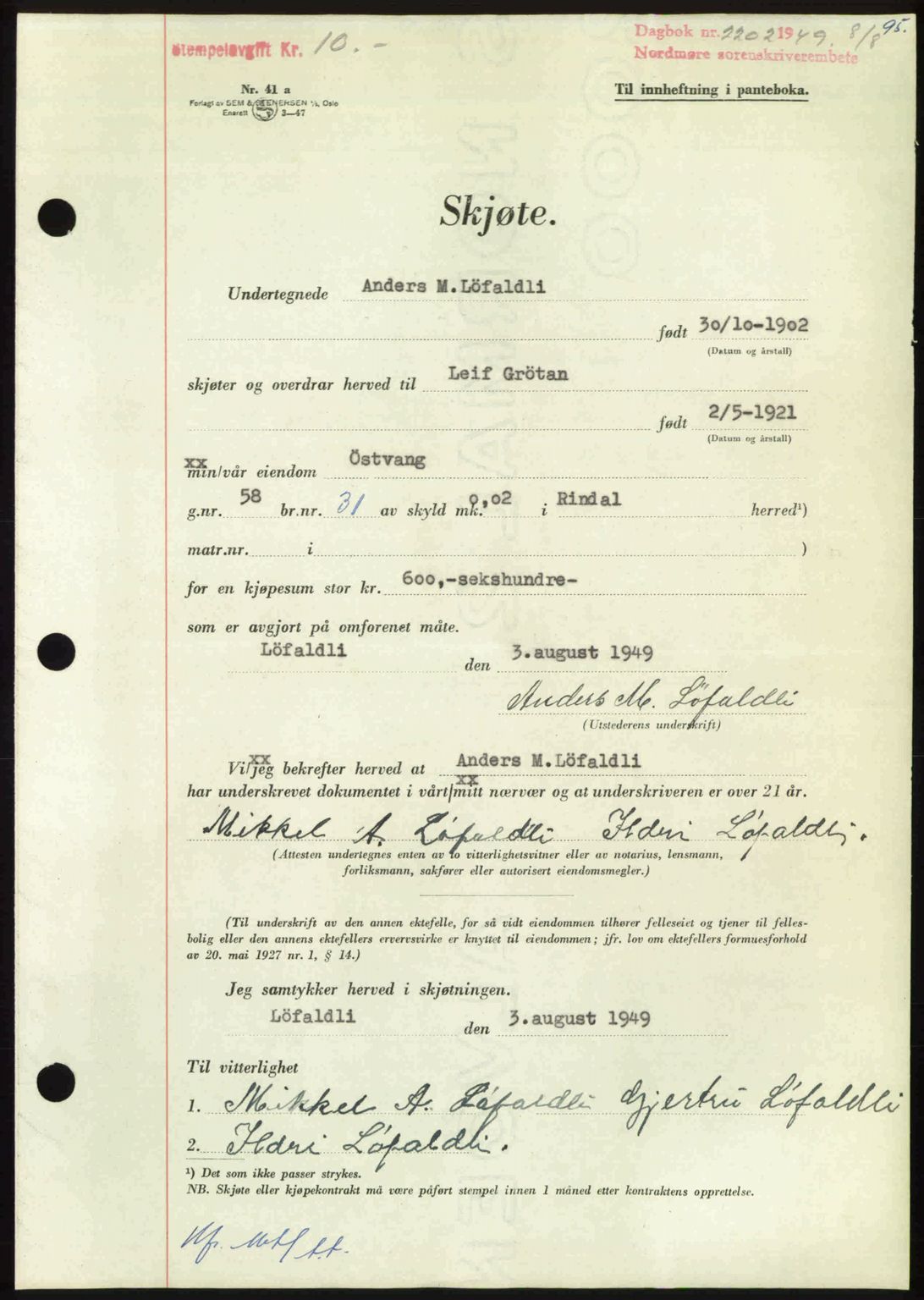 Nordmøre sorenskriveri, AV/SAT-A-4132/1/2/2Ca: Mortgage book no. A112, 1949-1949, Diary no: : 2202/1949