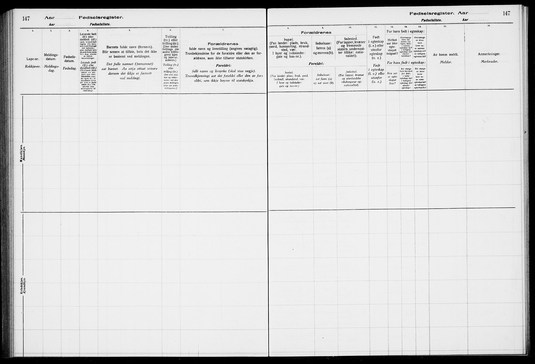 Birkeland Sokneprestembete, AV/SAB-A-74601/I/Id/L00A1: Birth register no. A 1, 1916-1926, p. 147