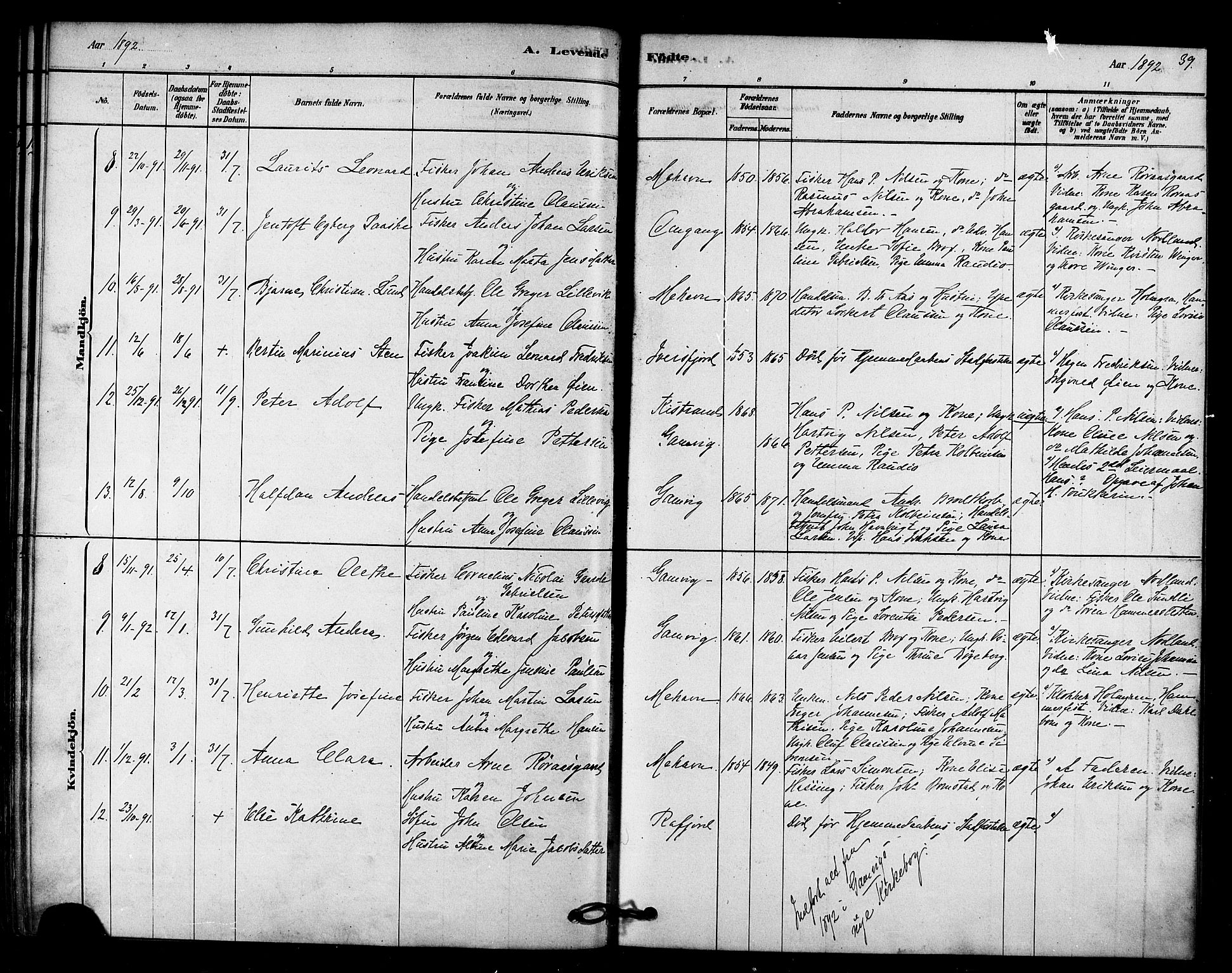 Tana sokneprestkontor, SATØ/S-1334/H/Ha/L0003kirke: Parish register (official) no. 3, 1878-1892, p. 39