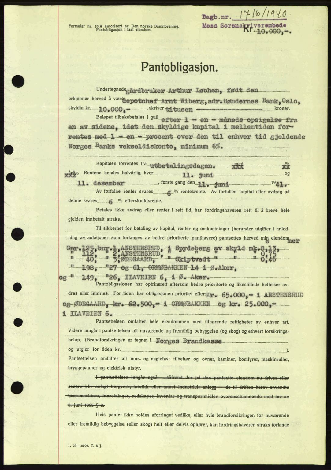 Moss sorenskriveri, SAO/A-10168: Mortgage book no. B10, 1940-1941, Diary no: : 1716/1940