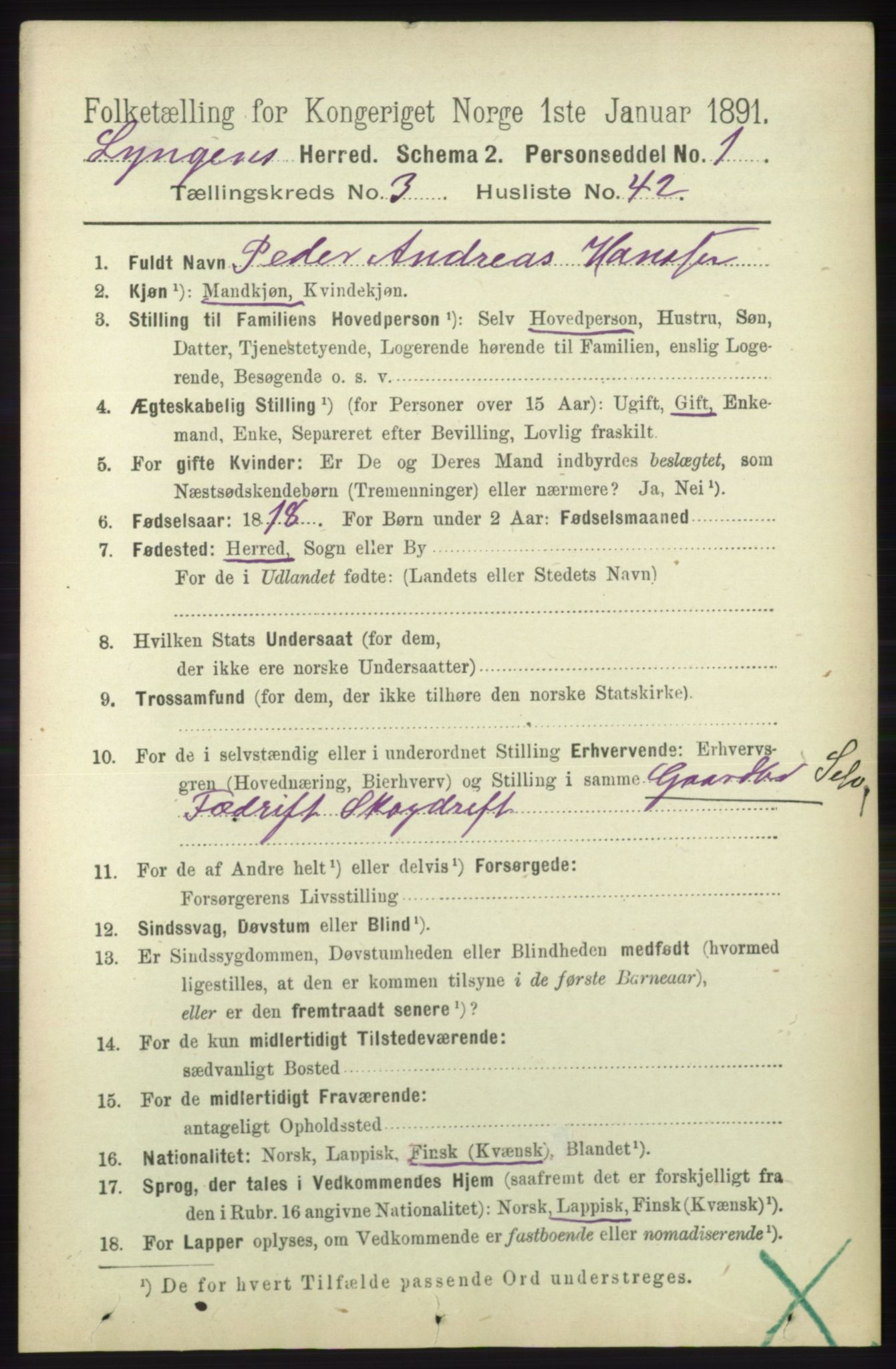 RA, 1891 census for 1938 Lyngen, 1891, p. 3419