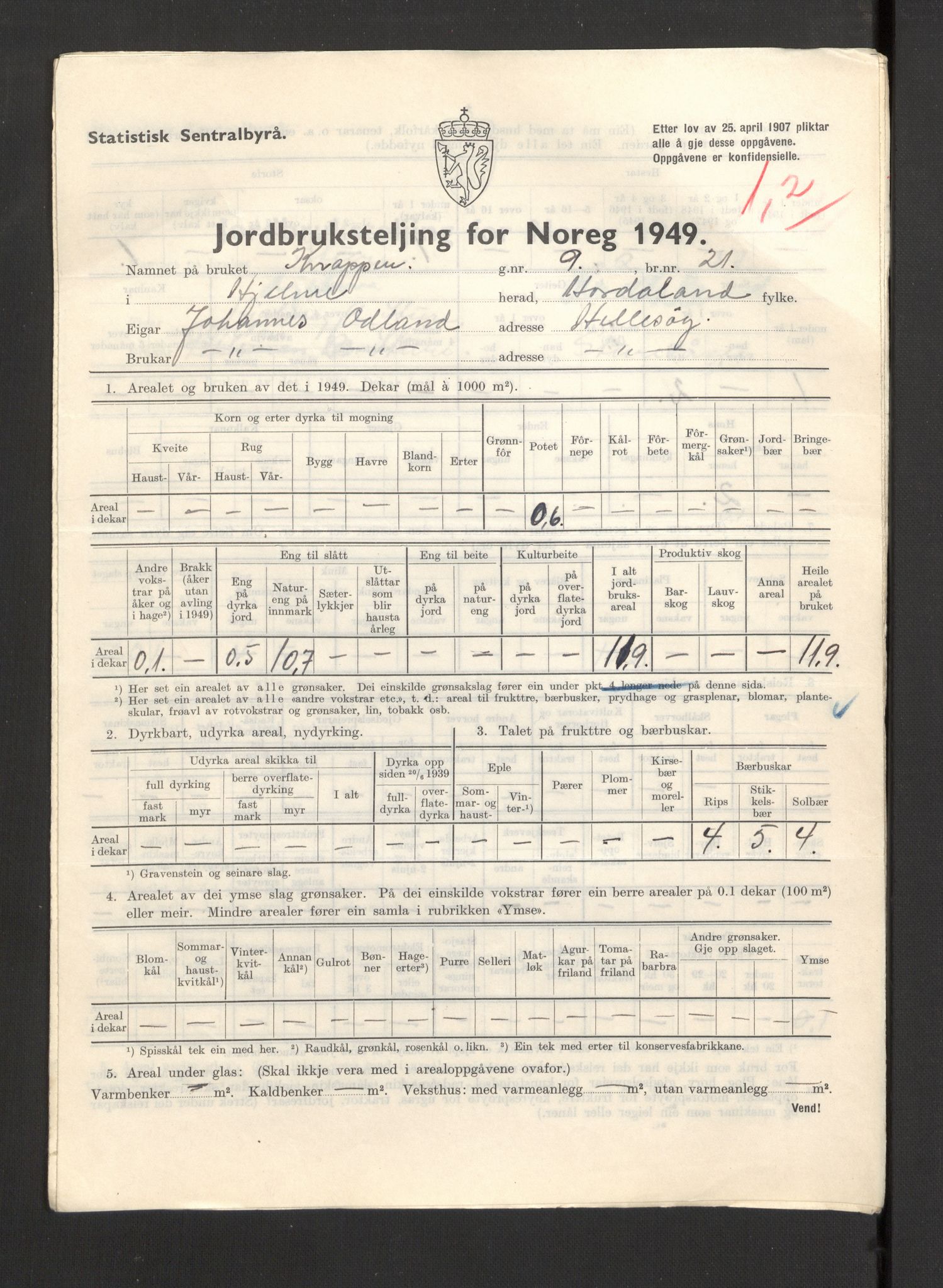 Statistisk sentralbyrå, Næringsøkonomiske emner, Jordbruk, skogbruk, jakt, fiske og fangst, AV/RA-S-2234/G/Gc/L0276: Hordaland: Herdla og Hjelme, 1949, p. 1288