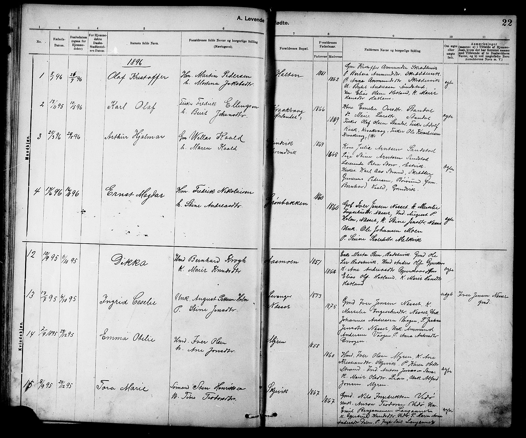 Ministerialprotokoller, klokkerbøker og fødselsregistre - Sør-Trøndelag, AV/SAT-A-1456/639/L0573: Parish register (copy) no. 639C01, 1890-1905, p. 22