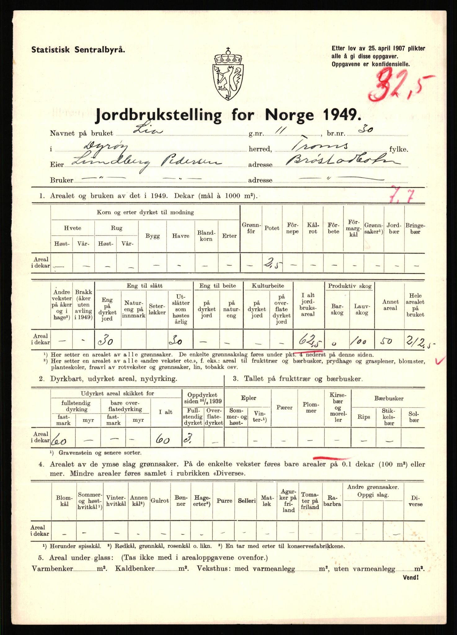 Statistisk sentralbyrå, Næringsøkonomiske emner, Jordbruk, skogbruk, jakt, fiske og fangst, AV/RA-S-2234/G/Gc/L0440: Troms: Sørreisa og Dyrøy, 1949, p. 1598