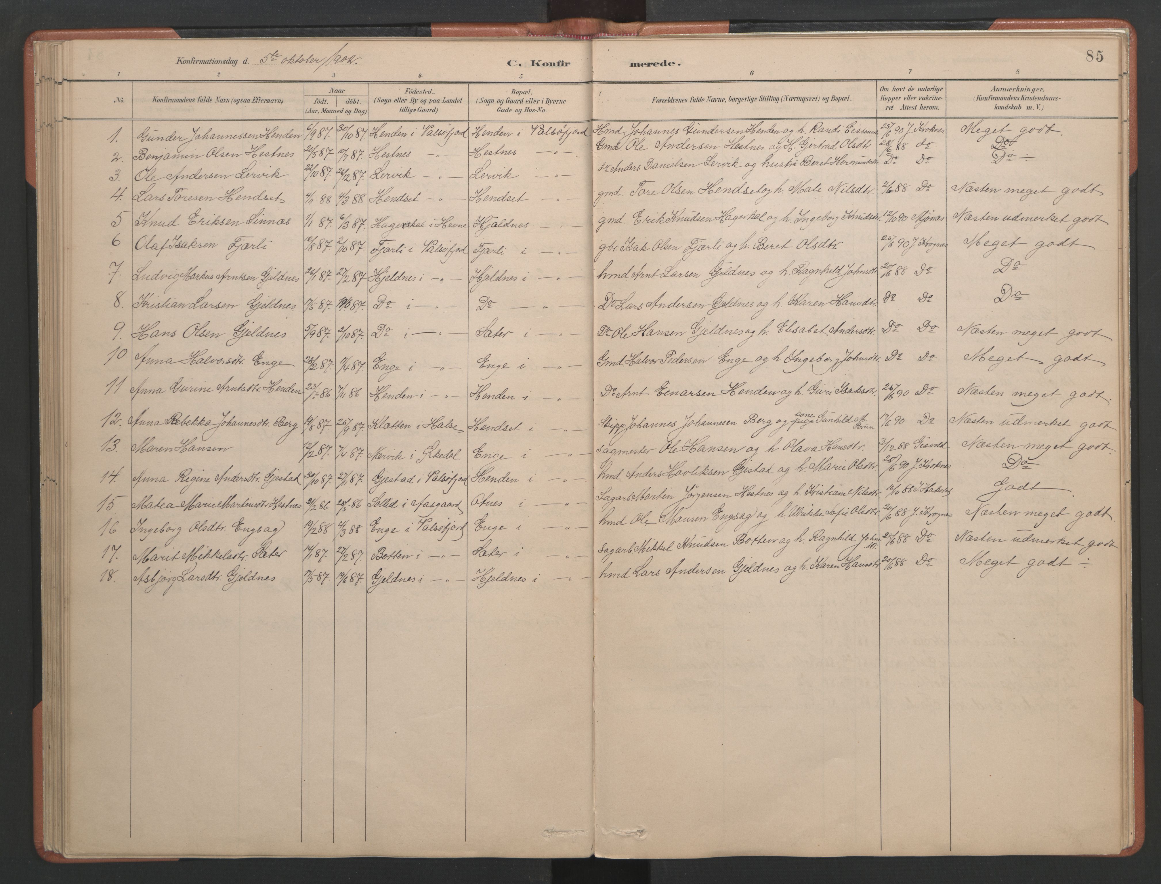 Ministerialprotokoller, klokkerbøker og fødselsregistre - Møre og Romsdal, SAT/A-1454/580/L0926: Parish register (copy) no. 580C01, 1882-1903, p. 85