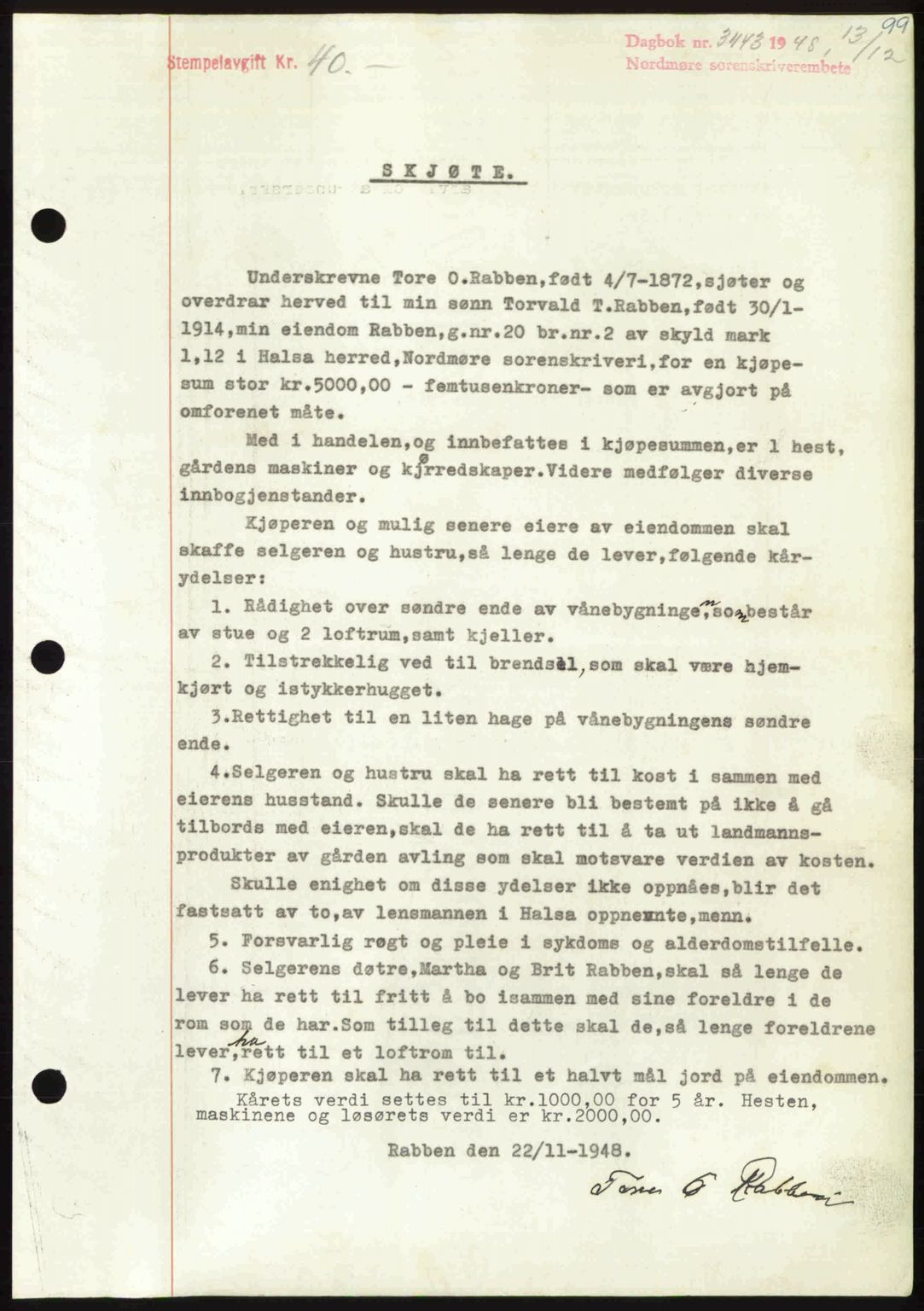 Nordmøre sorenskriveri, AV/SAT-A-4132/1/2/2Ca: Mortgage book no. A110, 1948-1949, Diary no: : 3443/1948