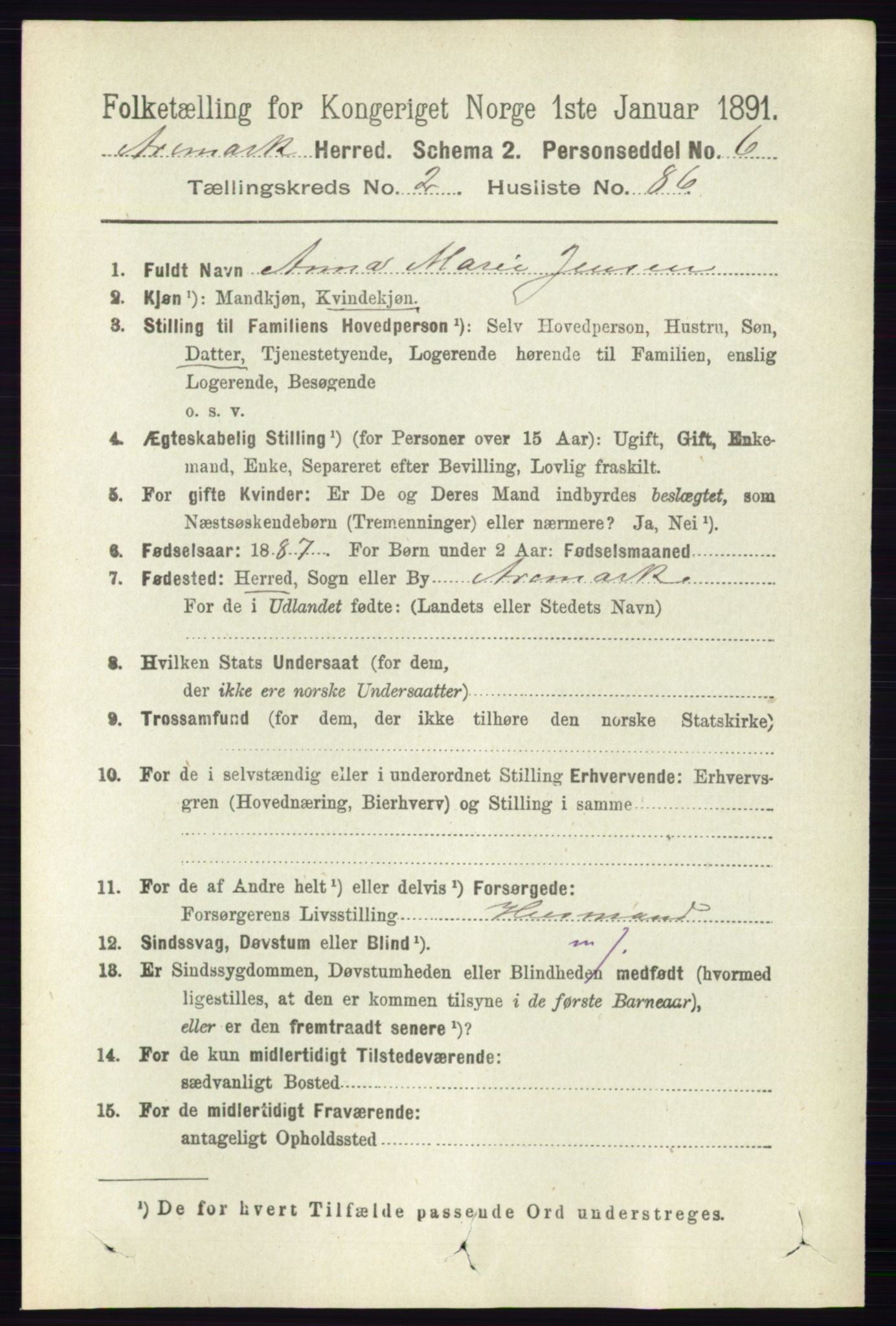 RA, 1891 census for 0118 Aremark, 1891, p. 1329