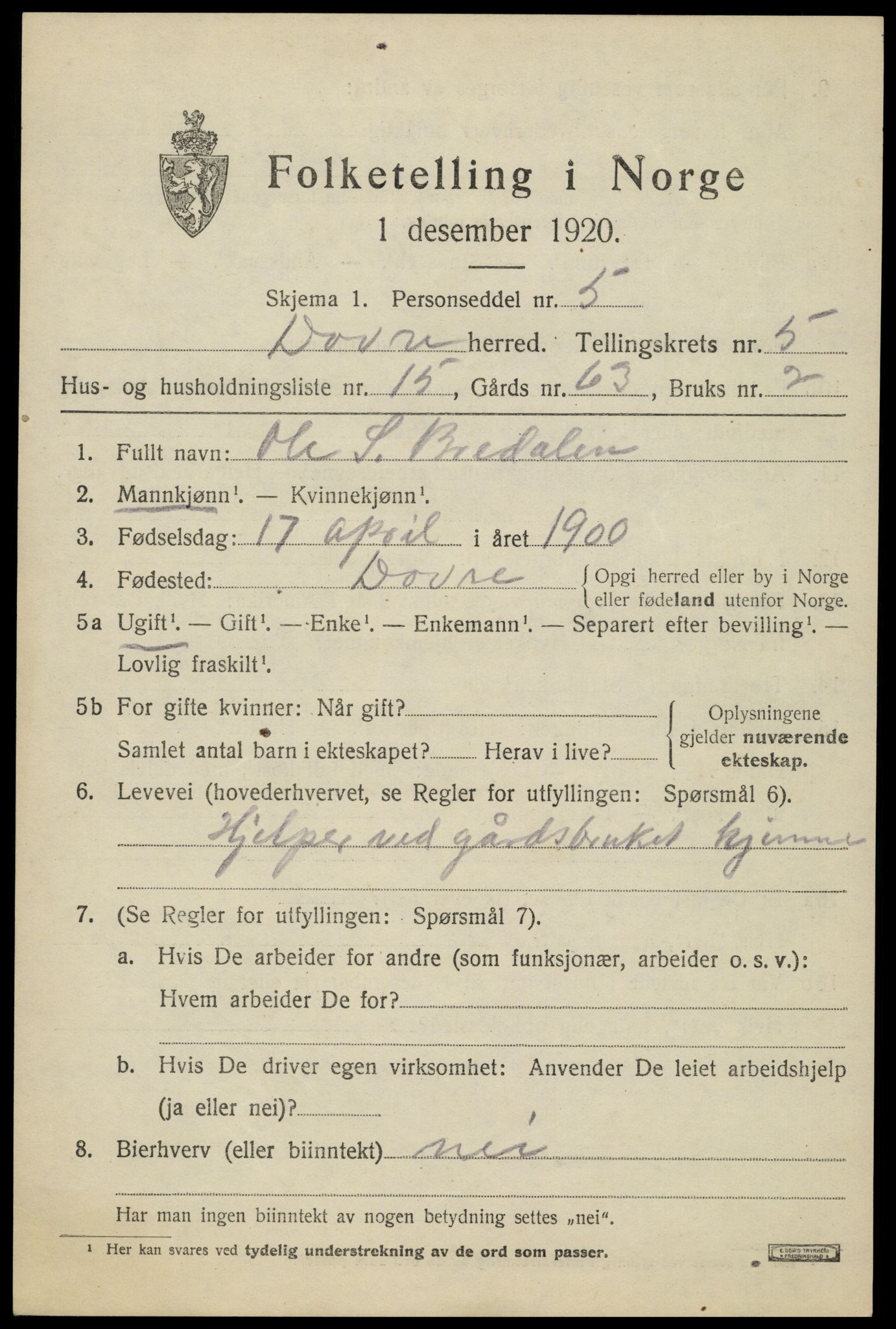 SAH, 1920 census for Dovre, 1920, p. 5396