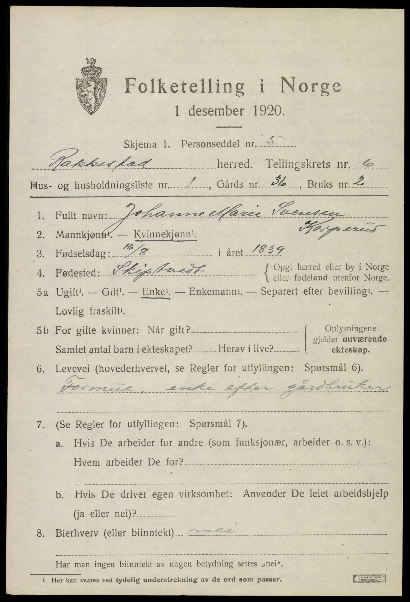 SAO, 1920 census for Rakkestad, 1920, p. 6651