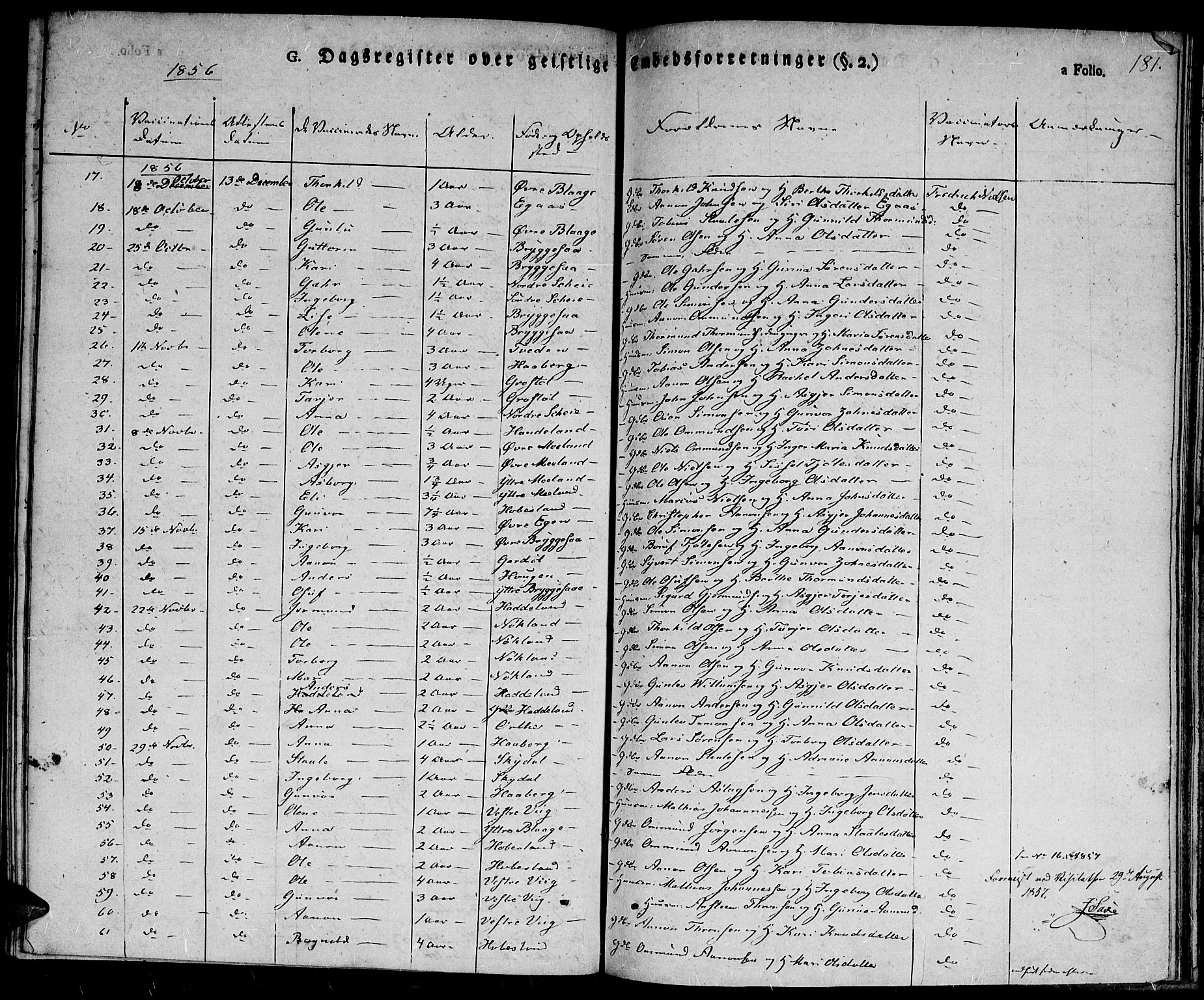 Hægebostad sokneprestkontor, AV/SAK-1111-0024/F/Fa/Fab/L0001: Parish register (official) no. A 1, 1823-1867, p. 181