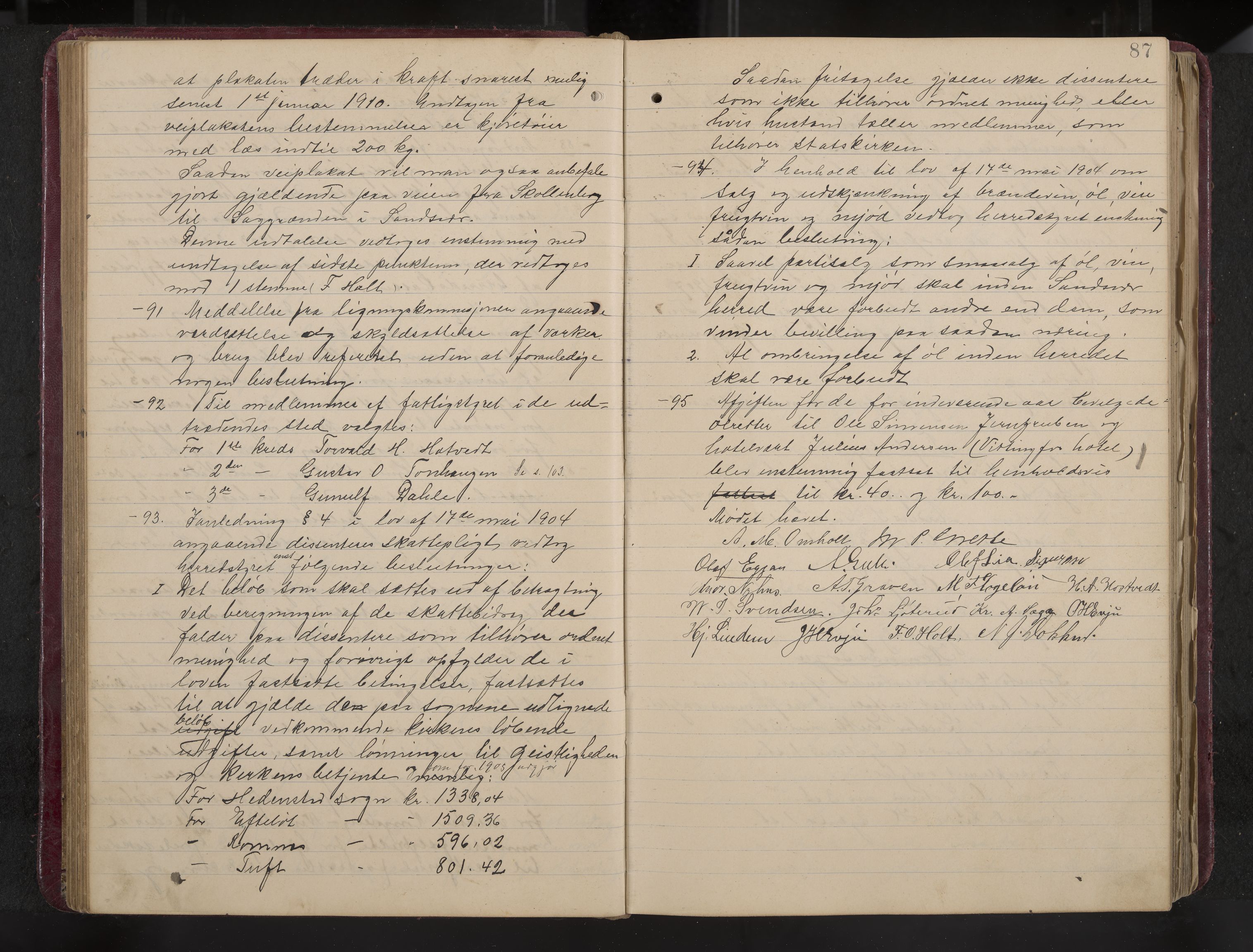 Ytre Sandsvær formannskap og sentraladministrasjon, IKAK/0629021/A/Aa/L0001: Møtebok med register, 1902-1919, p. 87