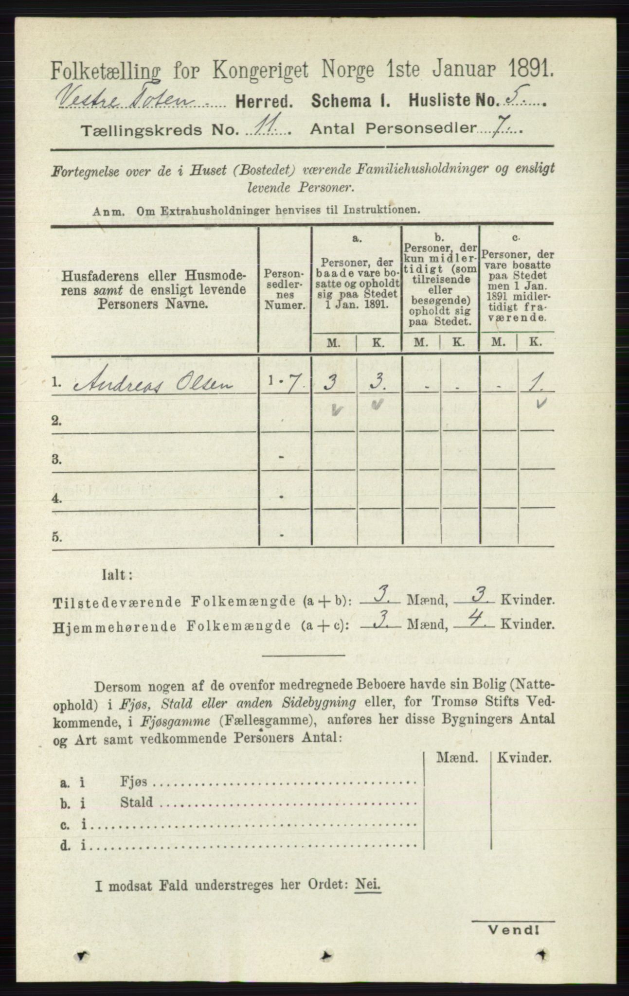 RA, 1891 census for 0529 Vestre Toten, 1891, p. 6624