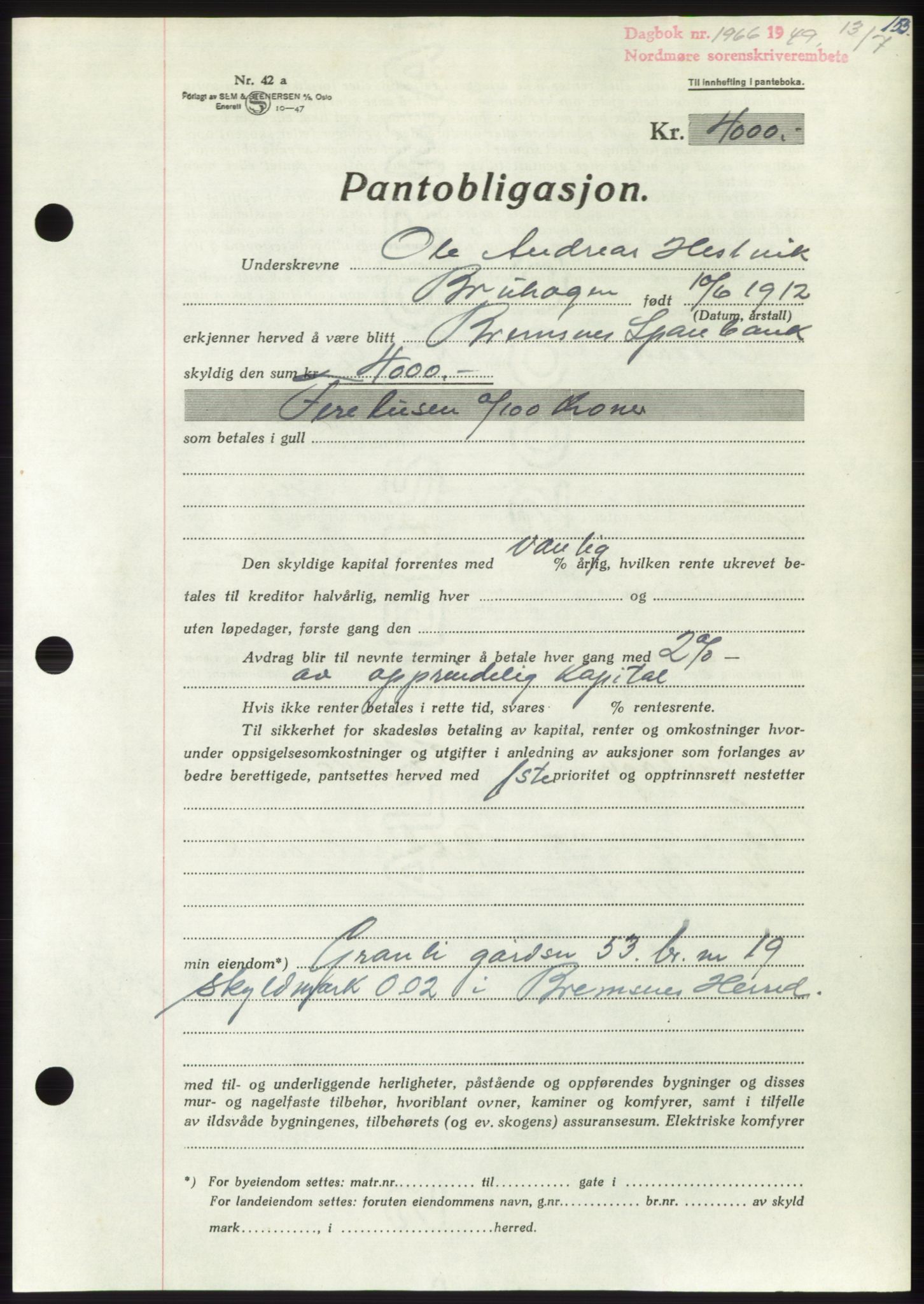 Nordmøre sorenskriveri, AV/SAT-A-4132/1/2/2Ca: Mortgage book no. B102, 1949-1949, Diary no: : 1966/1949