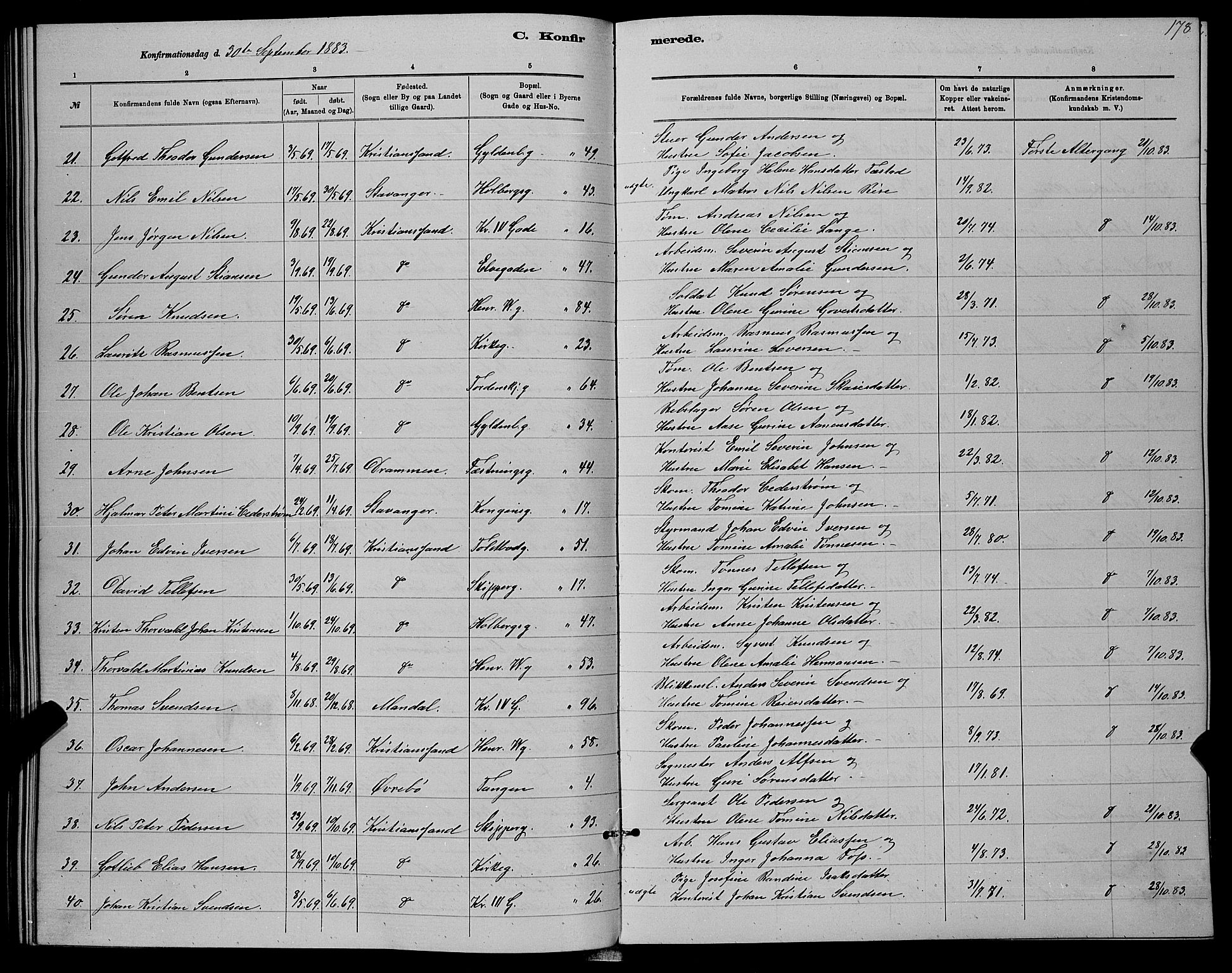 Kristiansand domprosti, SAK/1112-0006/F/Fb/L0016: Parish register (copy) no. B 16, 1881-1893, p. 178