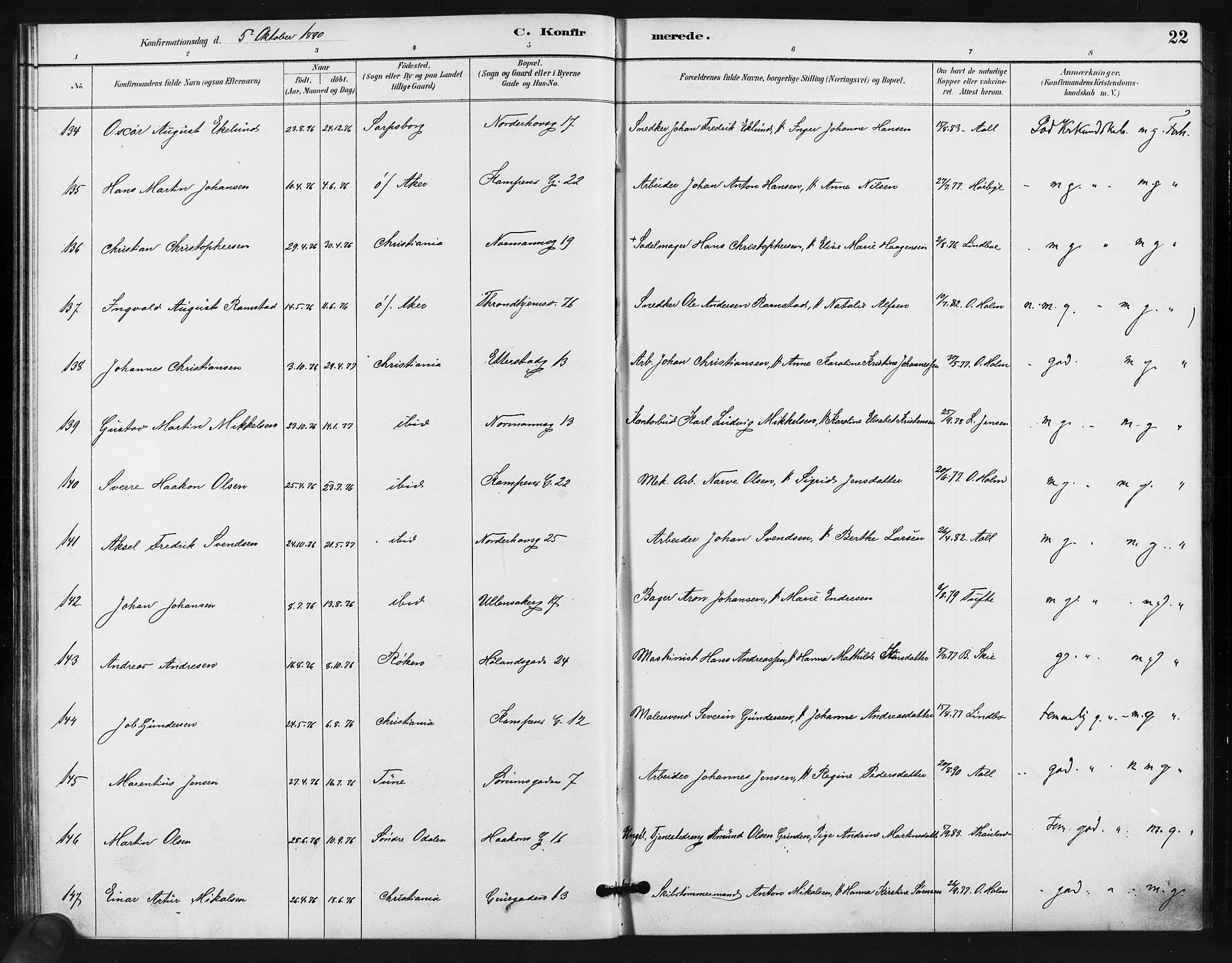 Kampen prestekontor Kirkebøker, SAO/A-10853/F/Fa/L0006: Parish register (official) no. I 6, 1889-1896, p. 22