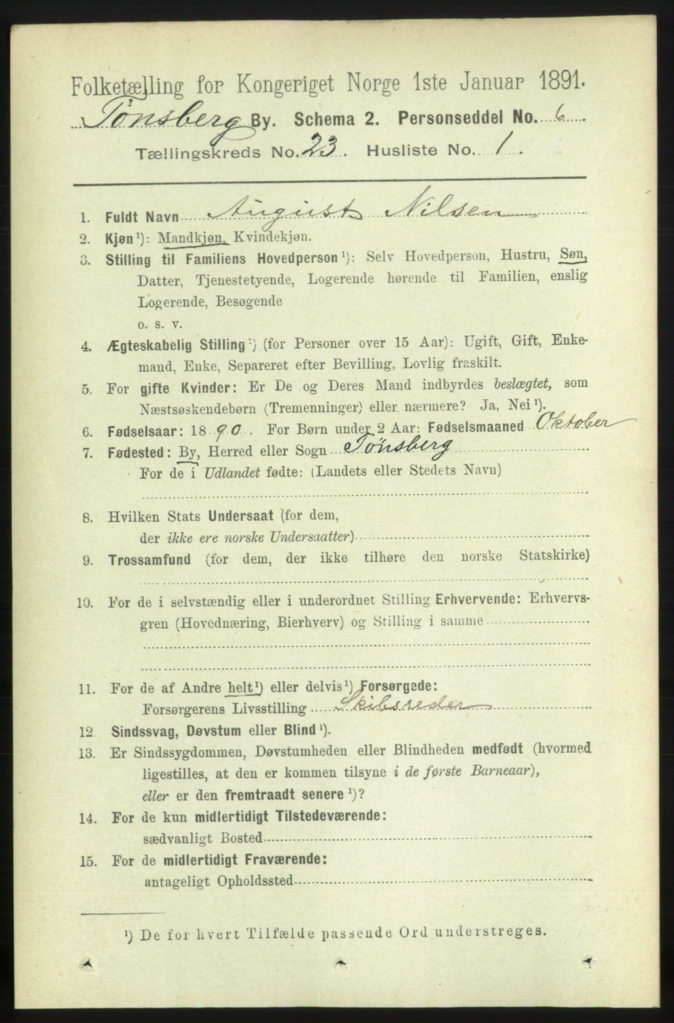 RA, 1891 census for 0705 Tønsberg, 1891, p. 6016