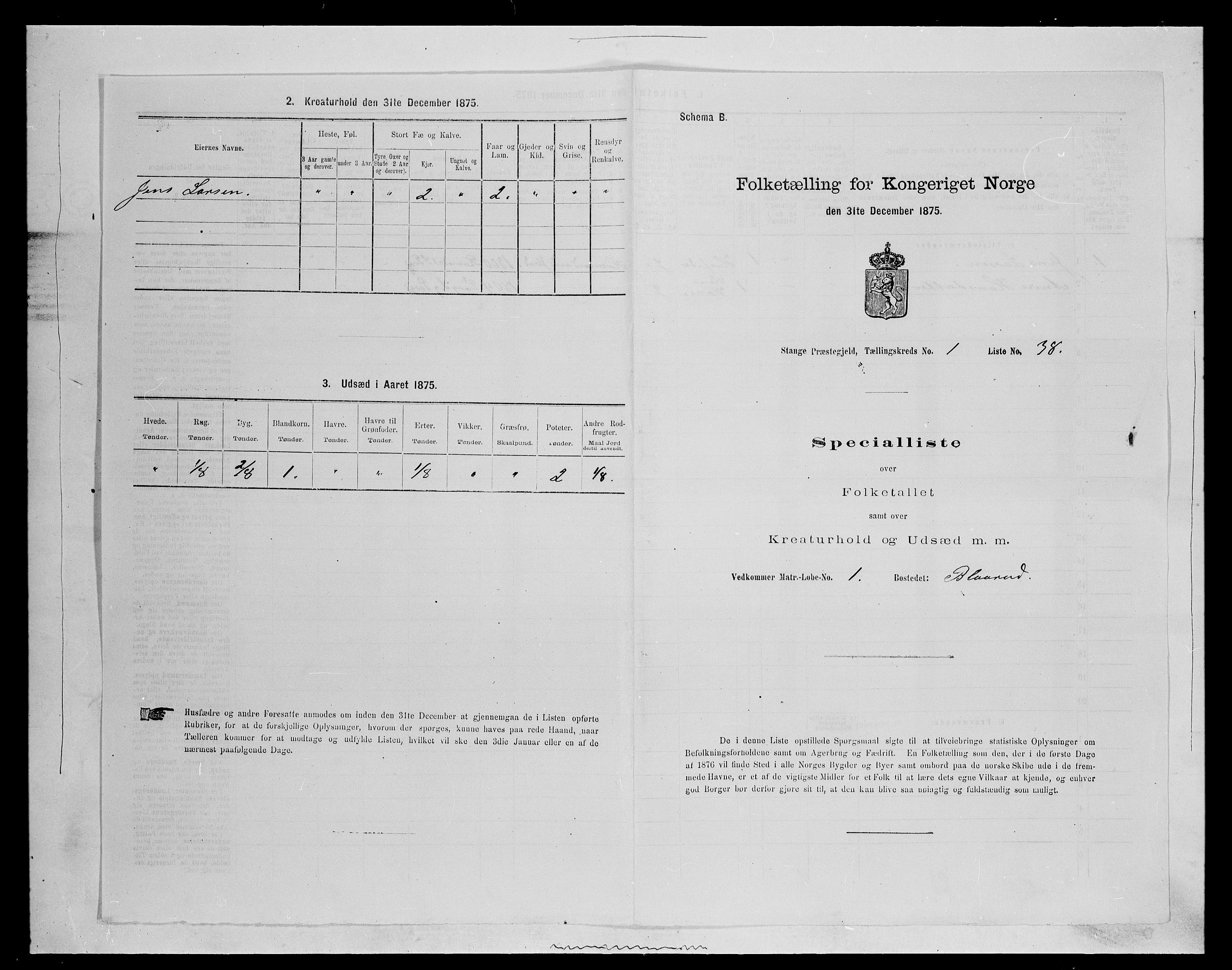 SAH, 1875 census for 0417P Stange, 1875, p. 176