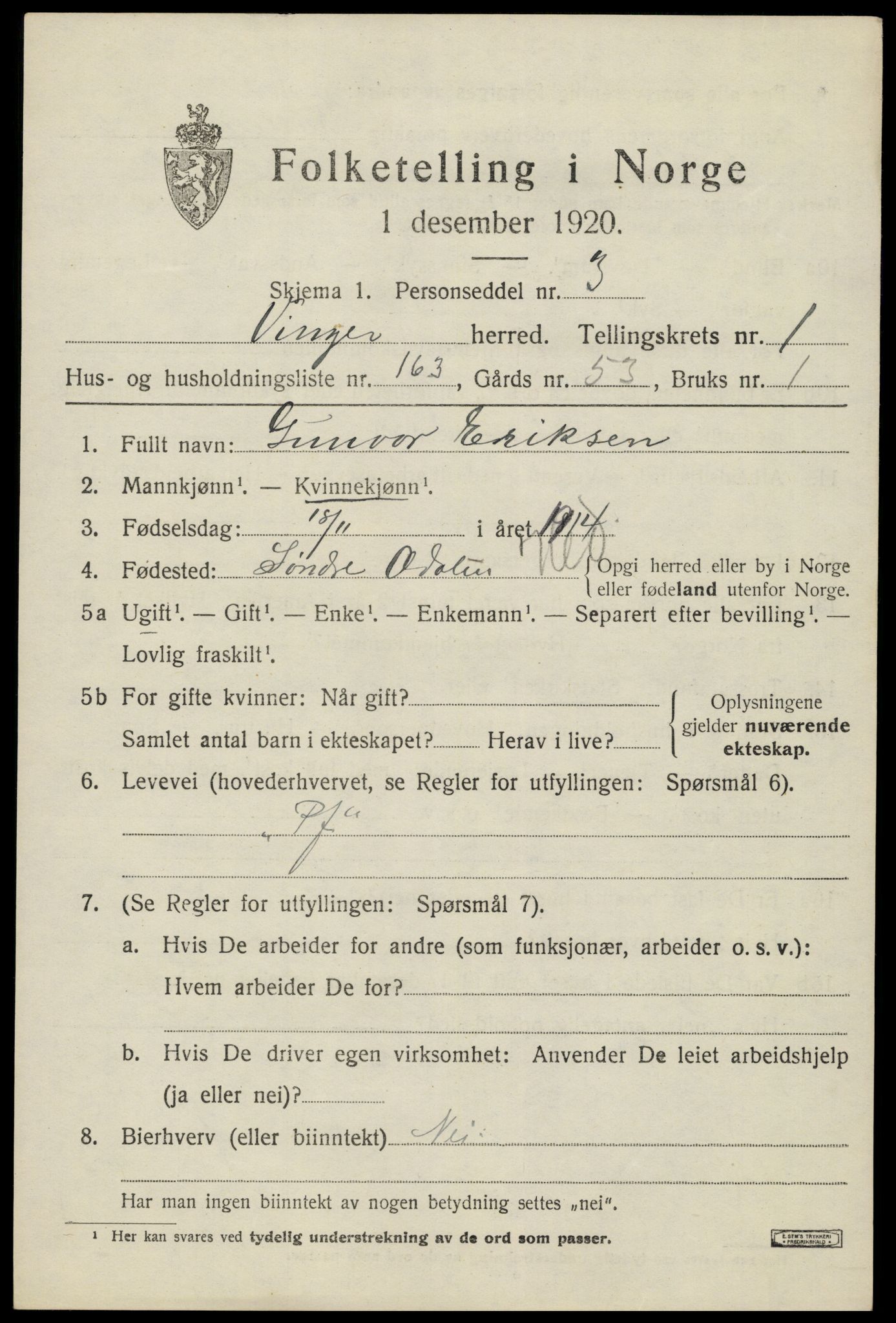 SAH, 1920 census for Vinger, 1920, p. 3960