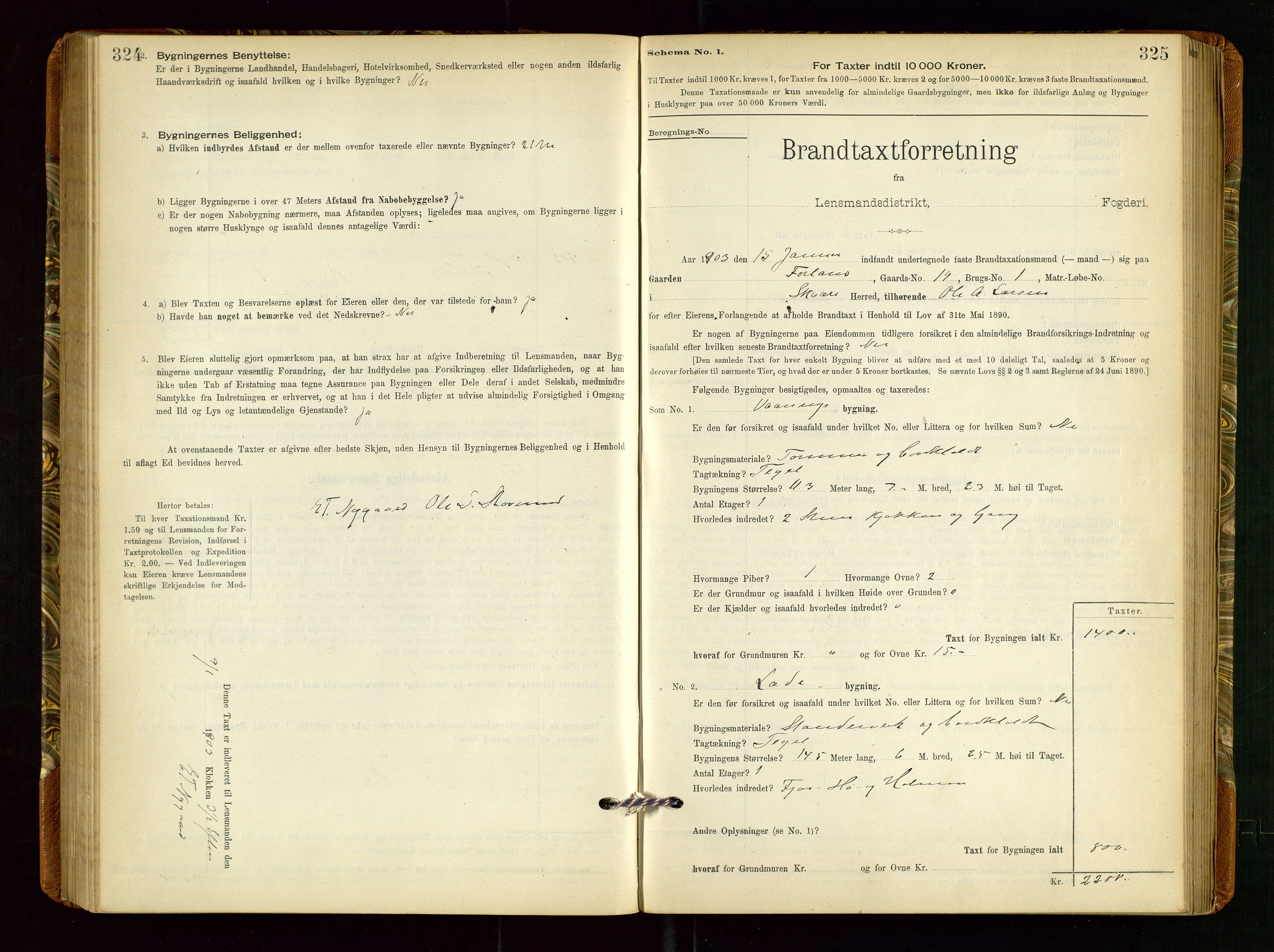 Torvestad lensmannskontor, SAST/A-100307/1/Gob/L0002: "Brandtakstprotokol for Lensmanden i Torvestad", 1900-1905, p. 324-325