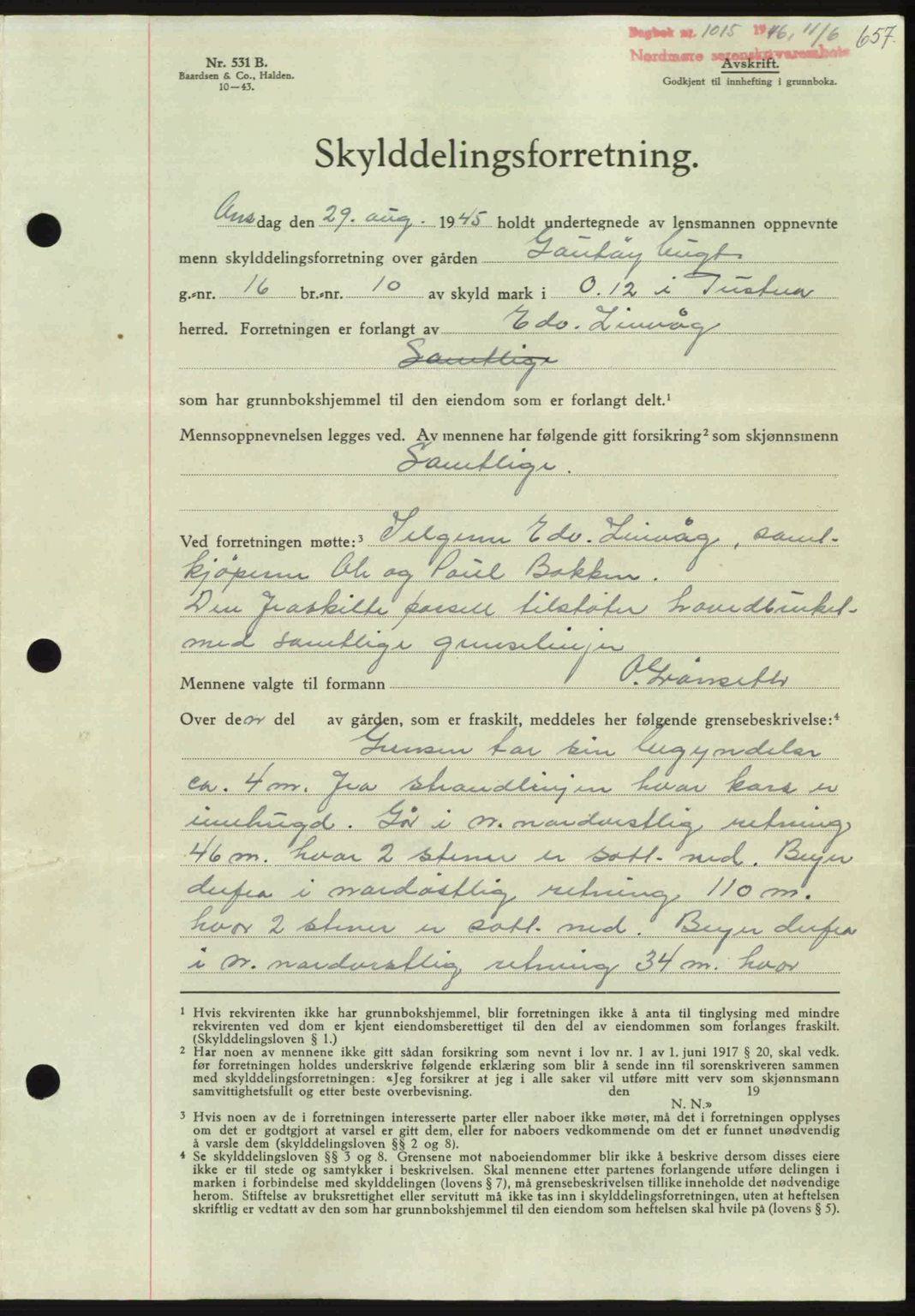 Nordmøre sorenskriveri, AV/SAT-A-4132/1/2/2Ca: Mortgage book no. A101, 1946-1946, Diary no: : 1015/1946