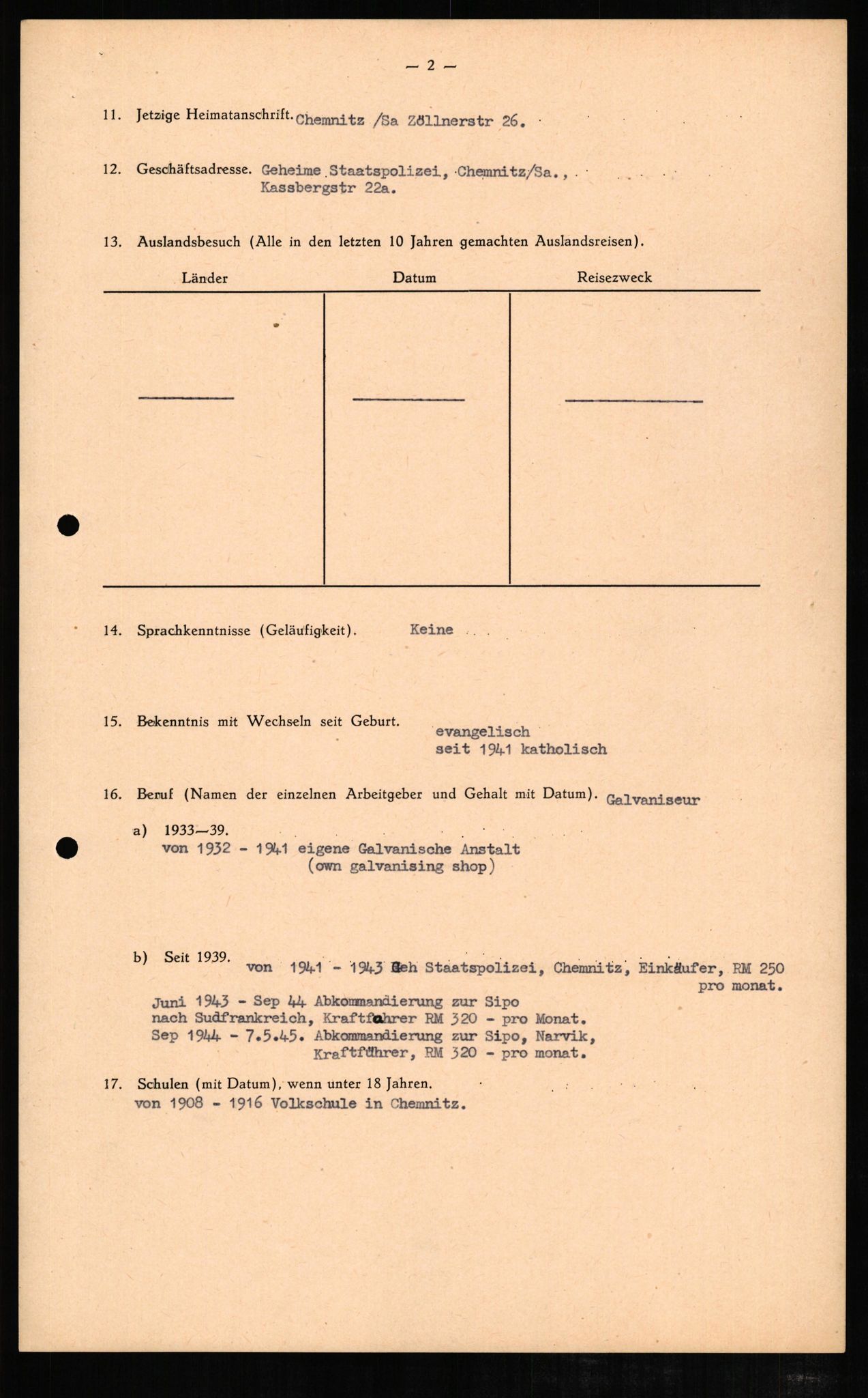 Forsvaret, Forsvarets overkommando II, RA/RAFA-3915/D/Db/L0007: CI Questionaires. Tyske okkupasjonsstyrker i Norge. Tyskere., 1945-1946, p. 82